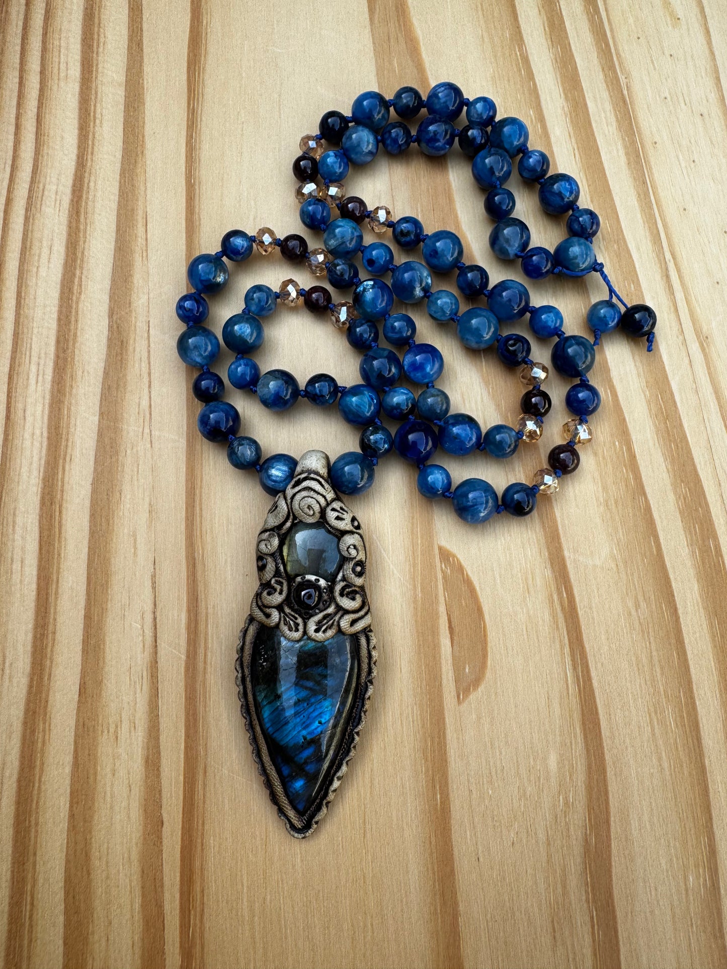 26” Long Kyanite and Garnet Necklace with Polymer Clay Pendant set with Labradorite