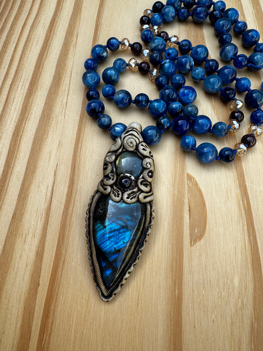 26” Long Kyanite and Garnet Necklace with Polymer Clay Pendant set with Labradorite