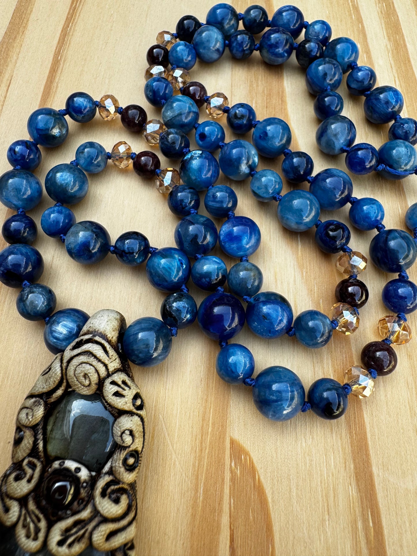 26” Long Kyanite and Garnet Necklace with Polymer Clay Pendant set with Labradorite