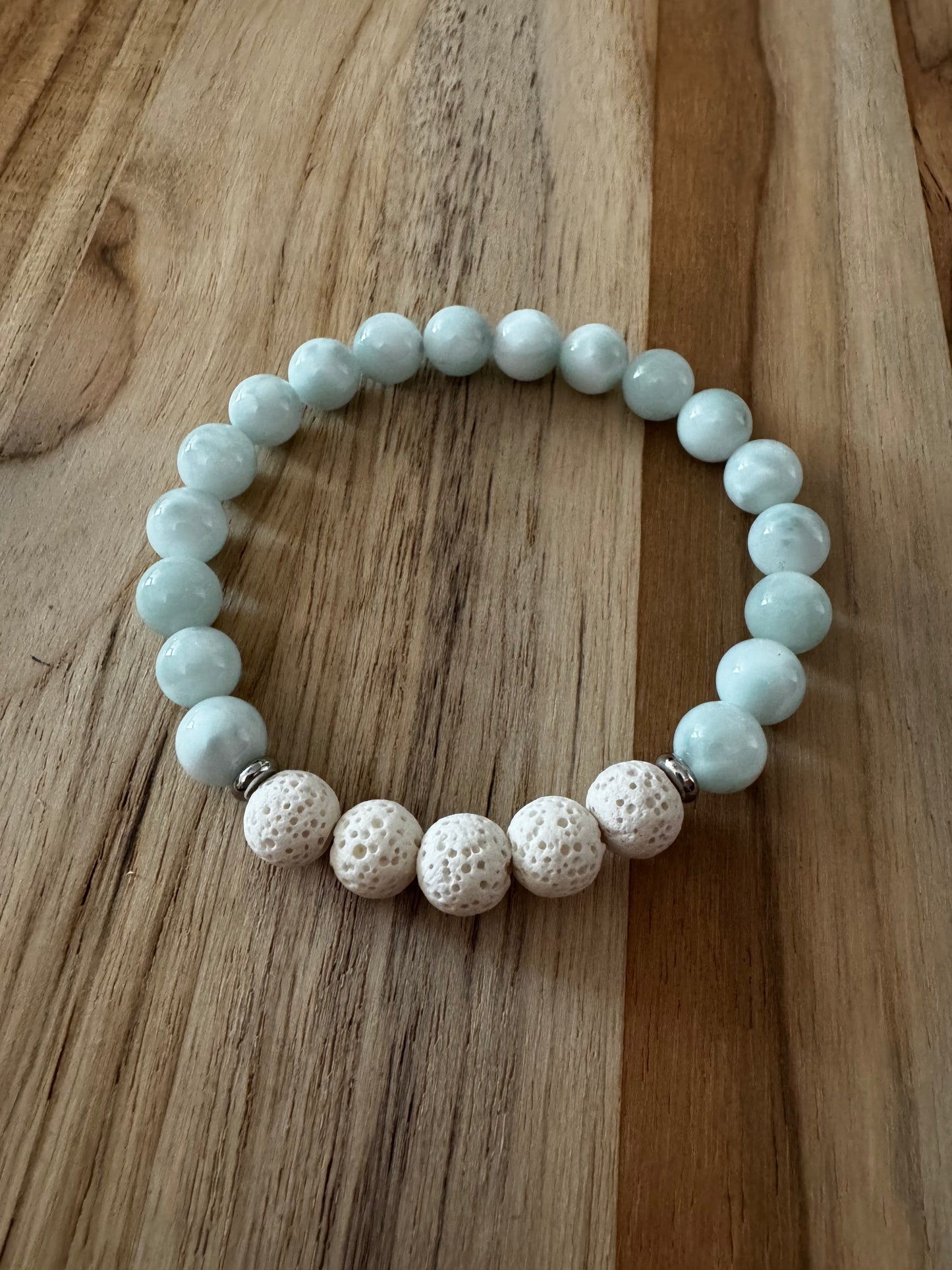 Pale Mint Green Moonstone Aromatherapy Diffuser Stretch Bracelet with Lava Stone