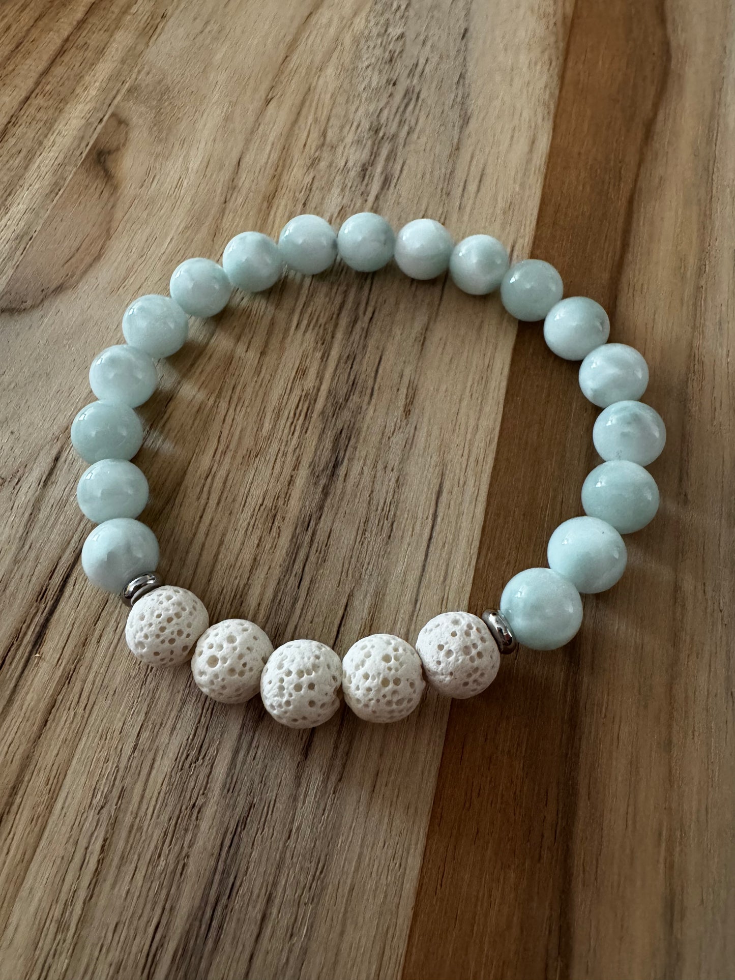 Pale Mint Green Moonstone Aromatherapy Diffuser Stretch Bracelet with Lava Stone