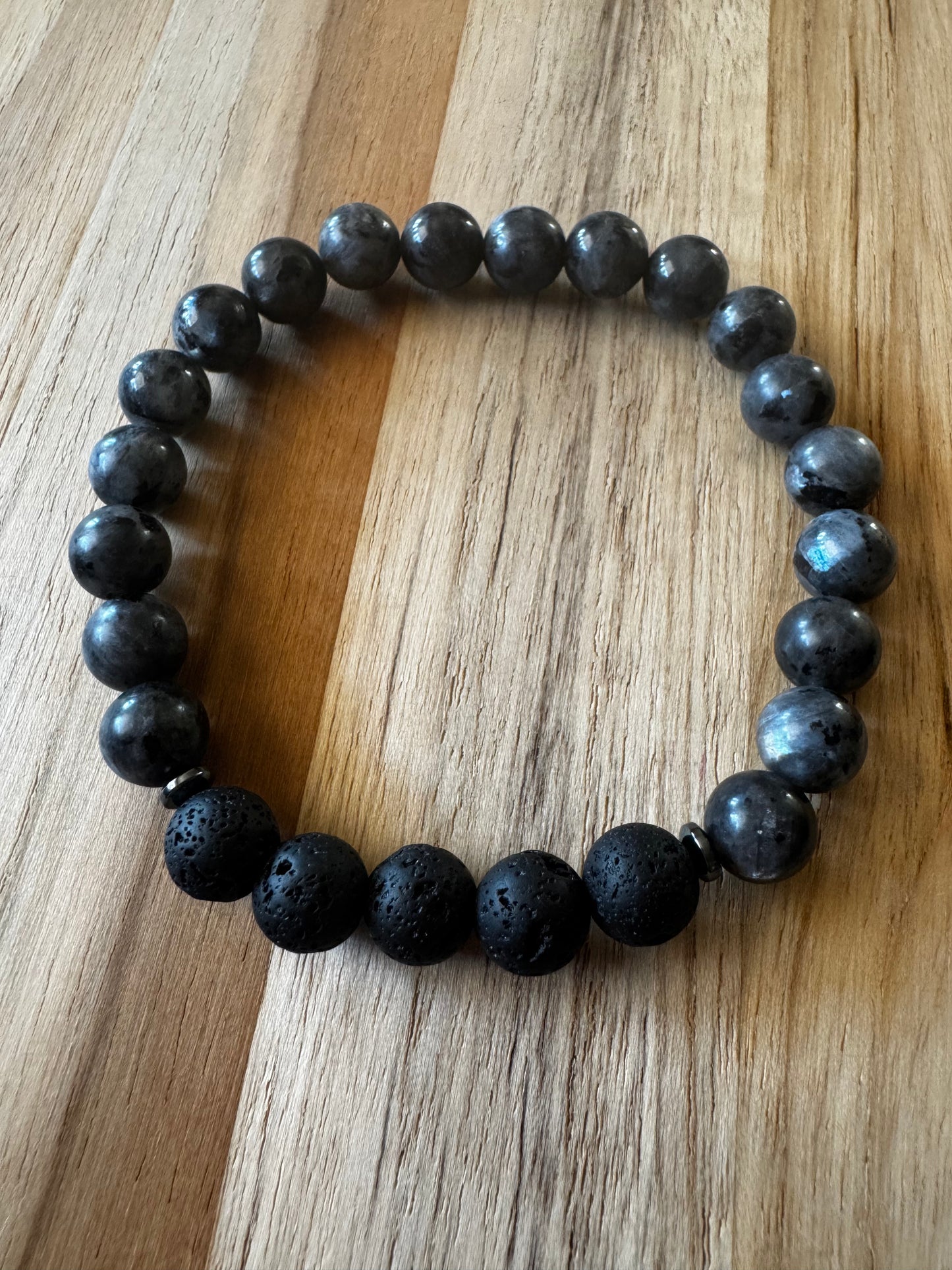 Unisex/Men’s Larvikite Aromatherapy Stretch Bracelet with Black Lava Stone ~ 7.5”