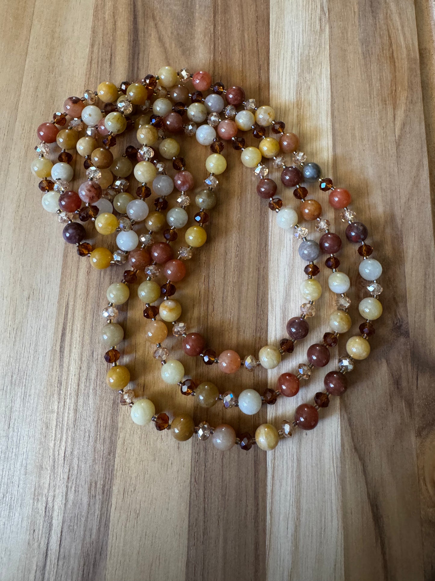 Extra Long Golden Jade and Crystal Wraparound Style Necklace