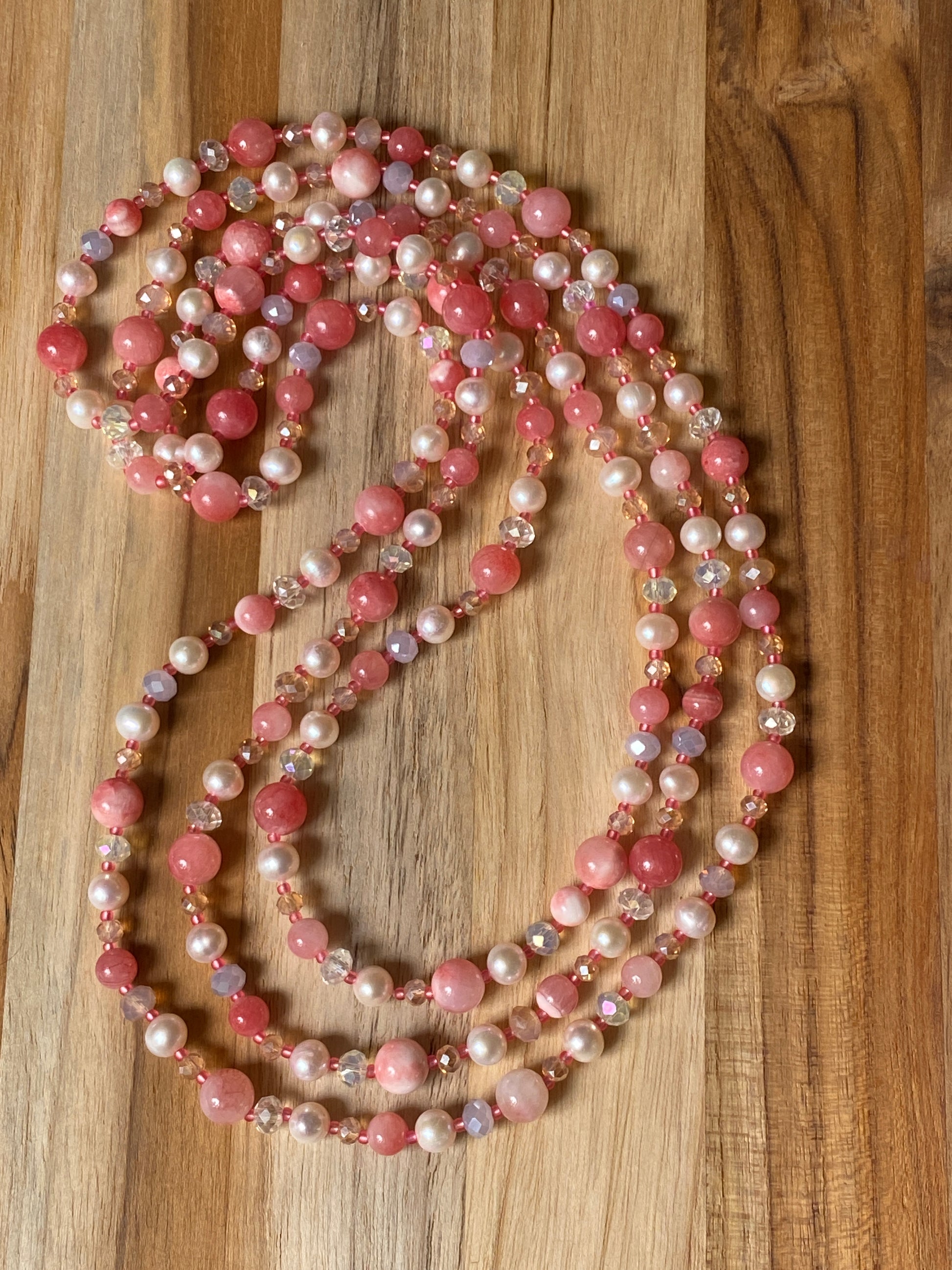 60" Extra Long Wraparound Style Pink/Peach Chalcedony Necklace with Pearl and Crystal Beads - My Urban Gems