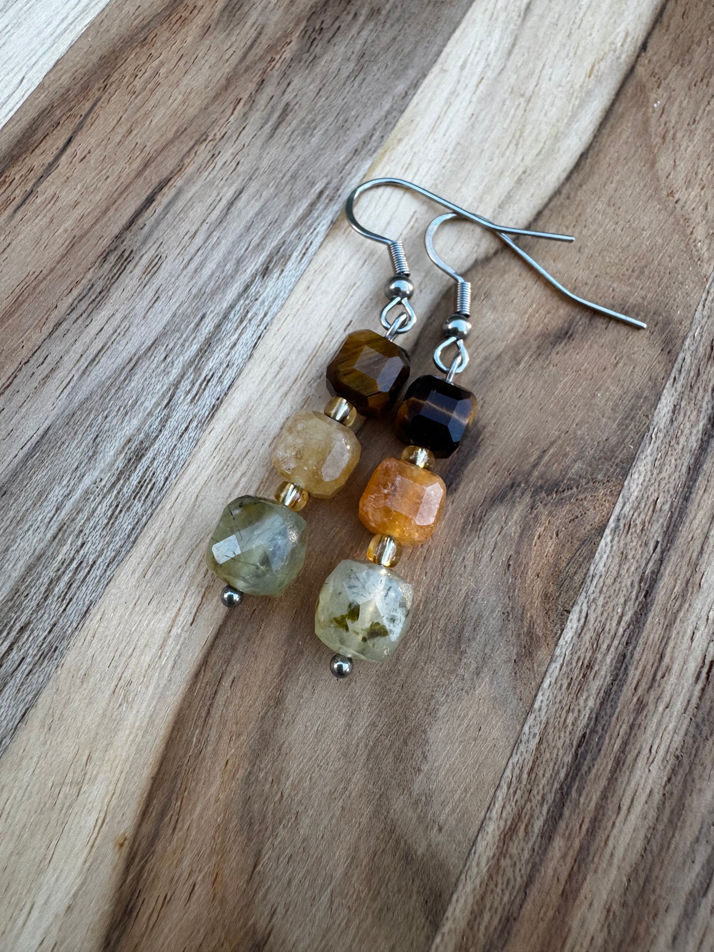 Dangle Gemstone Earrings with Prehnite Yellow Jade and Tigereye Faceted Cubes ~ Stainless Steel