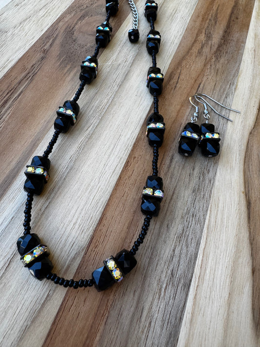 16” Black Faceted Obsidian Cube Gemstone Beaded Necklace with Crystal Rondelles ~ Stainless Steel
