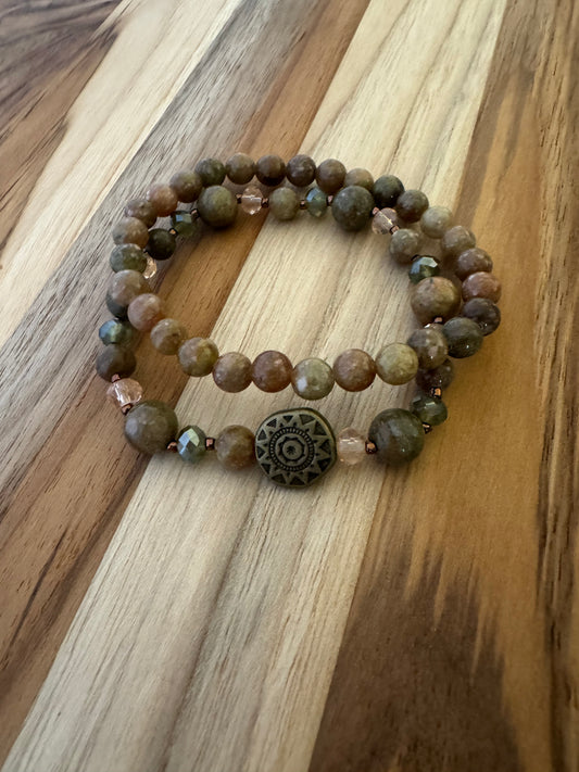 Autumn Jasper stretchy Bracelet Set with Bronze Color Aztec Sun -My Urban Gems