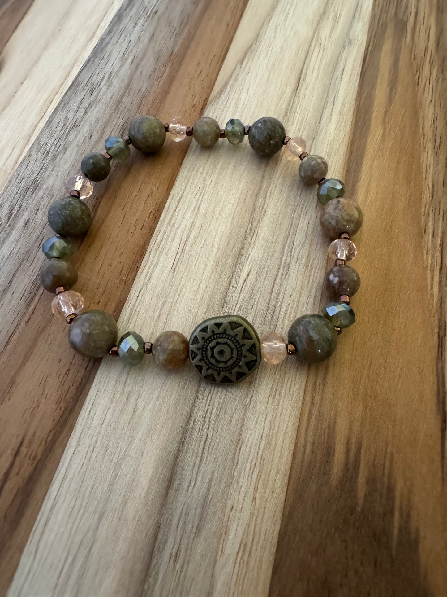 Autumn Jasper stretchy Bracelet Set with Bronze Color Aztec Sun -My Urban Gems