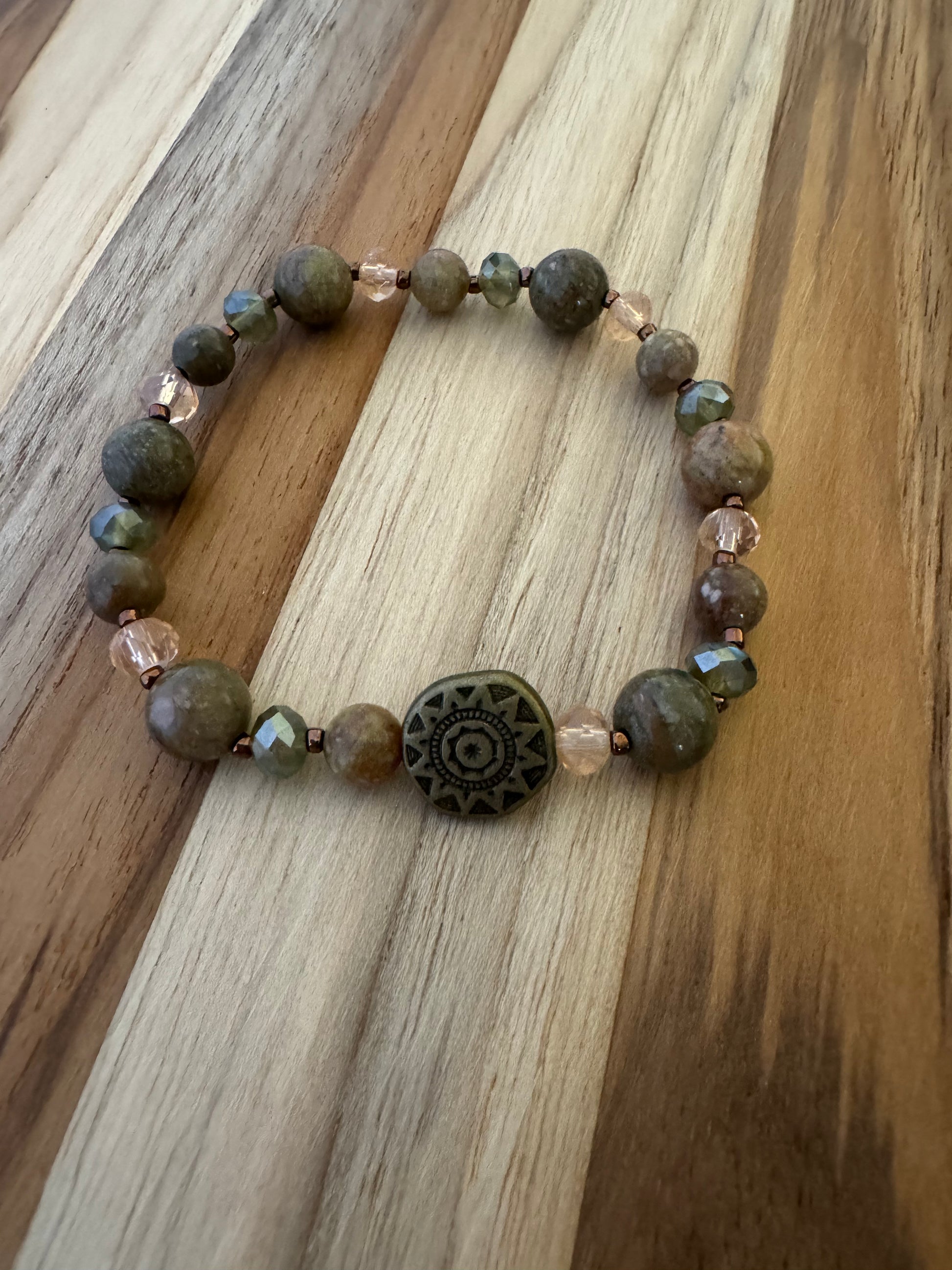 Autumn Jasper stretchy Bracelet Set with Bronze Color Aztec Sun -My Urban Gems