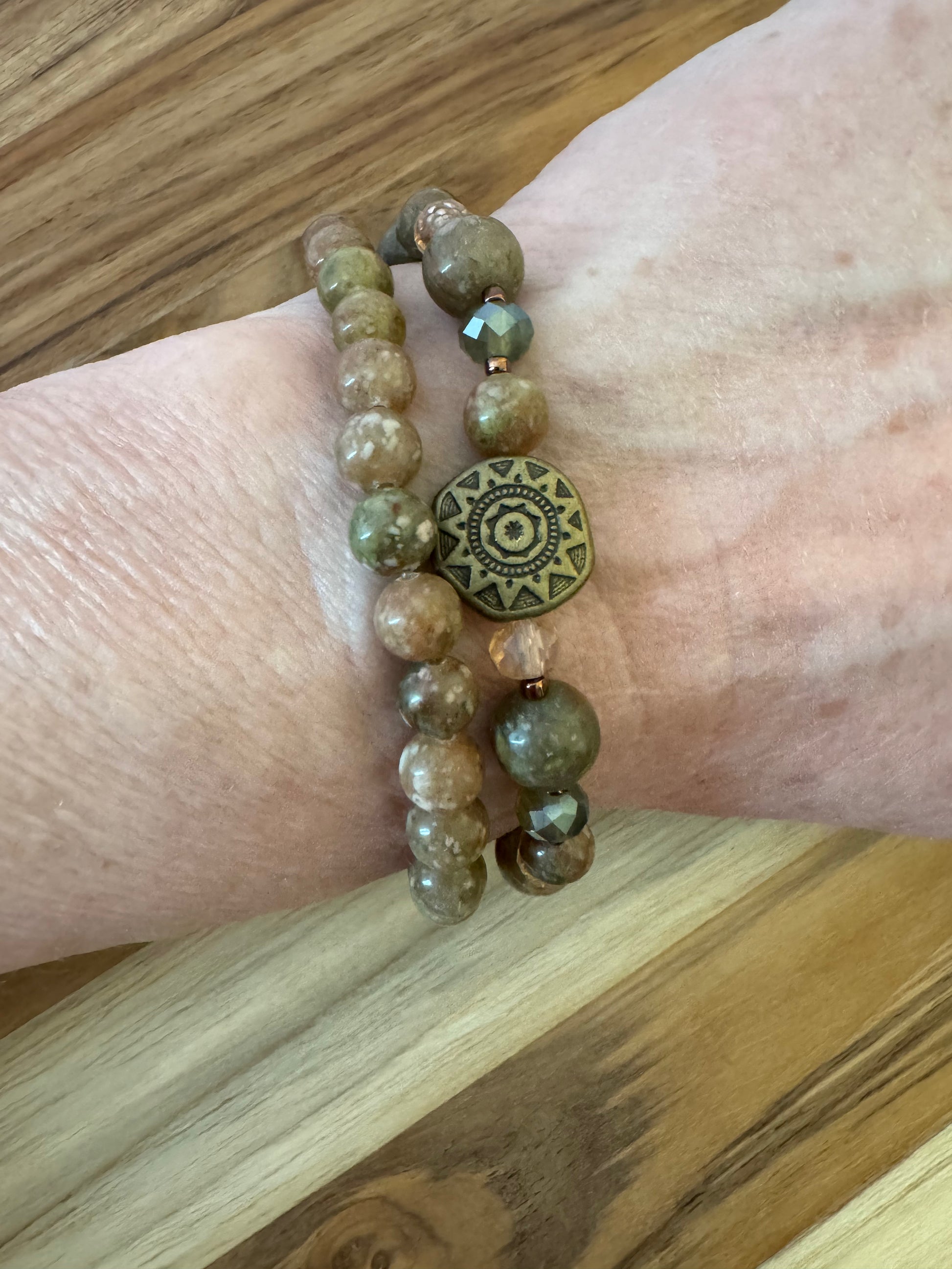 Autumn Jasper stretchy Bracelet Set with Bronze Color Aztec Sun - My Urban Gems