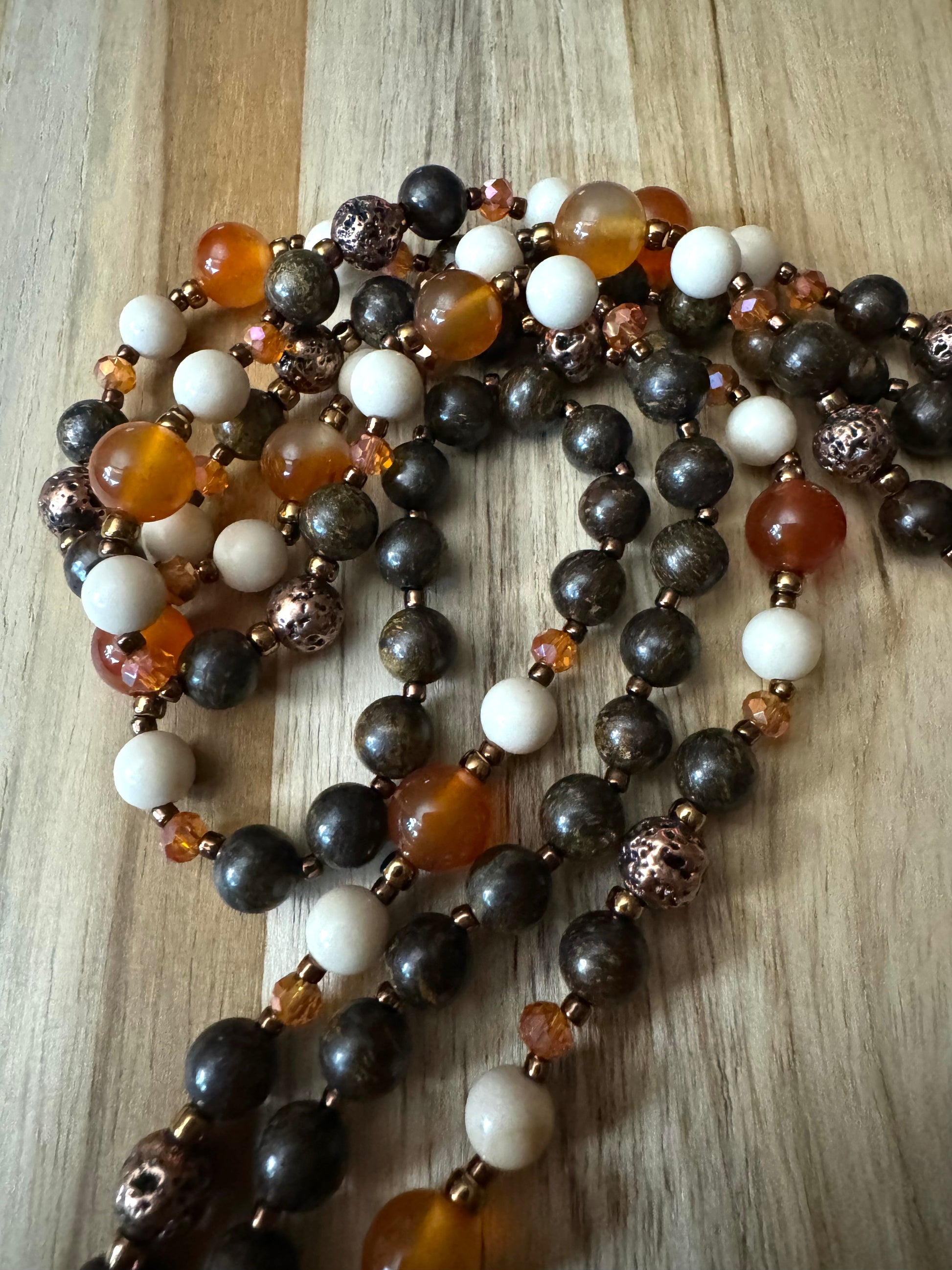 Extra Long Bronzite Beaded Necklace with Orange Agate Riverstone Lava Stone and Crystal Beads - My Urban Gems