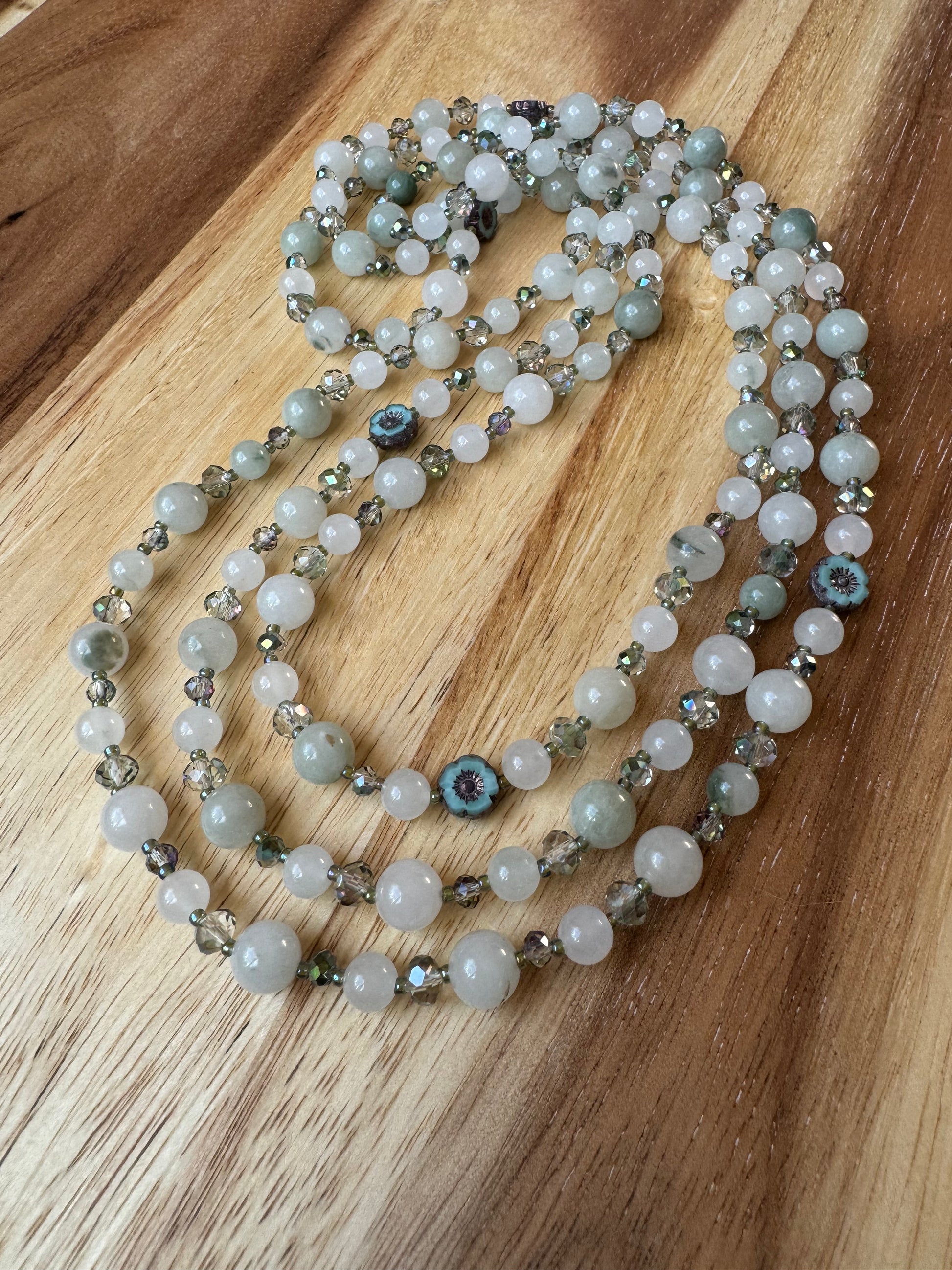 60” Extra Long Wraparound Style Beaded Necklace with Ice Green Jade Crystal and Turquoise Czech Flower Beads - My Urban Gems