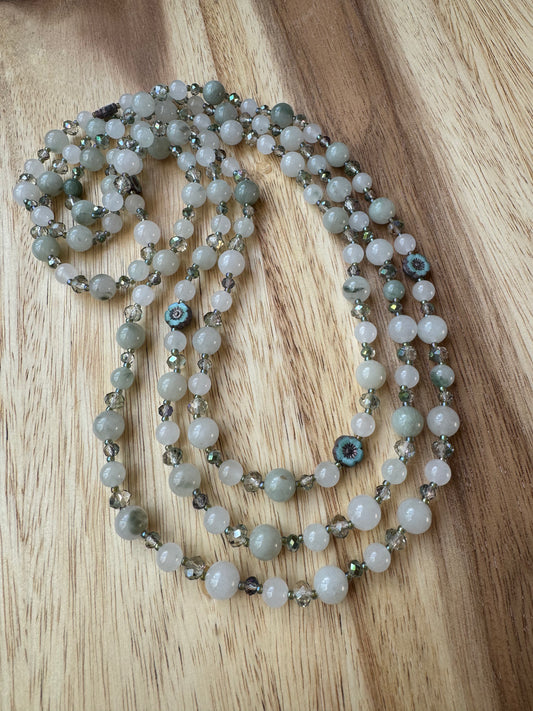 60” Extra Long Wraparound Style Beaded Necklace with Ice Green Jade Crystal and Turquoise Czech Flower Beads - My Urban Gems