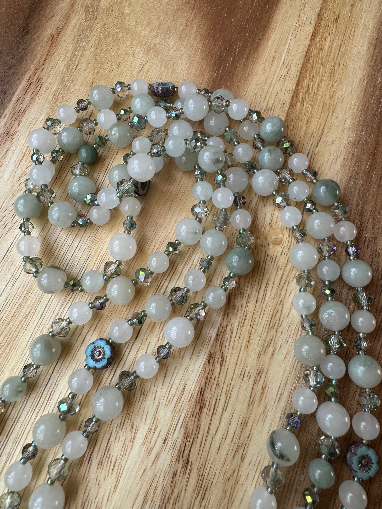 60” Extra Long Wraparound Style Beaded Necklace with Ice Green Jade Crystal and Turquoise Czech Flower Beads - My Urban Gems