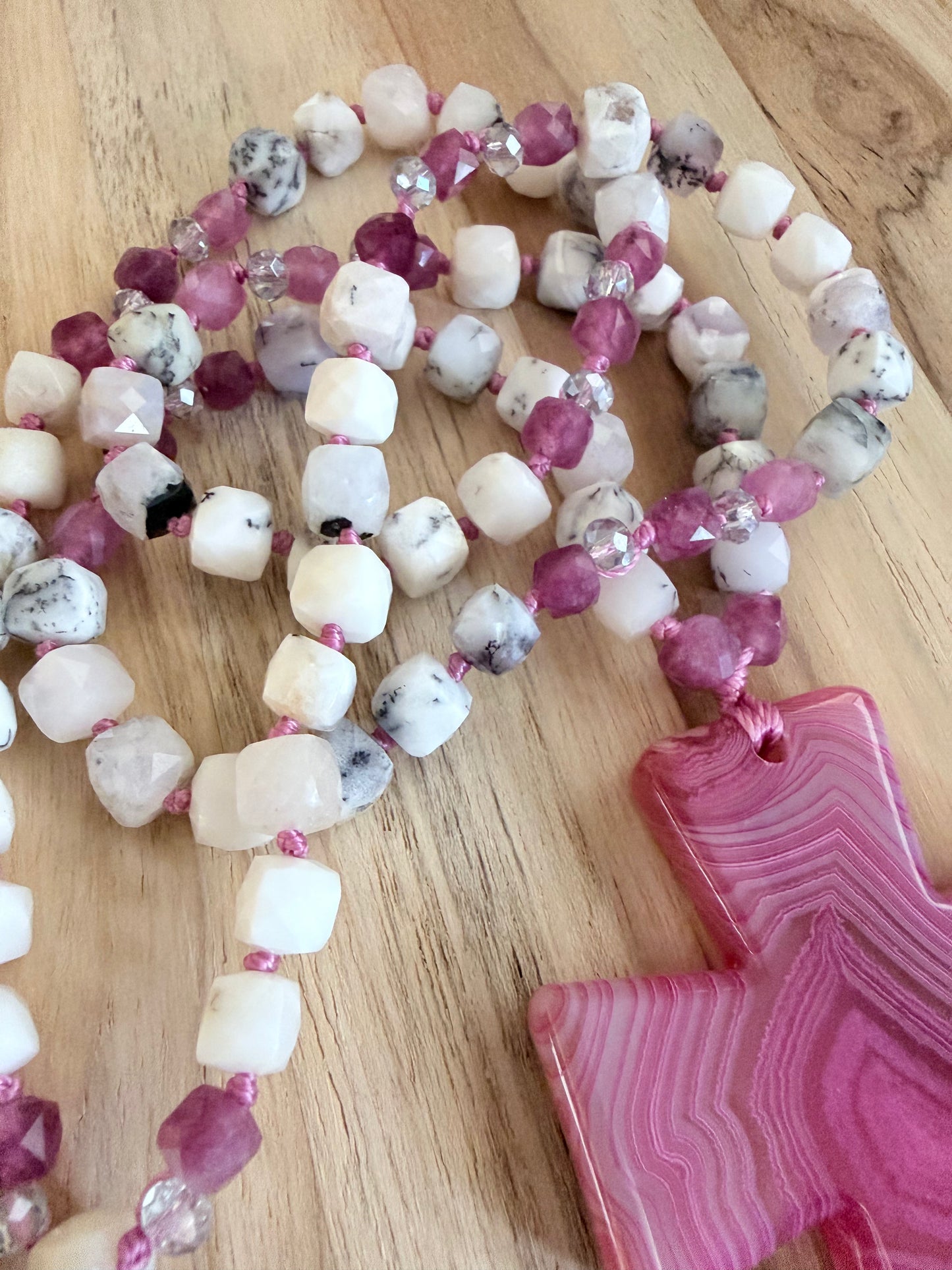 26” Long Wraparound Pink Agate Cross Beaded Necklace with Peristerite Moonstone and Pink Tourmaline Beads