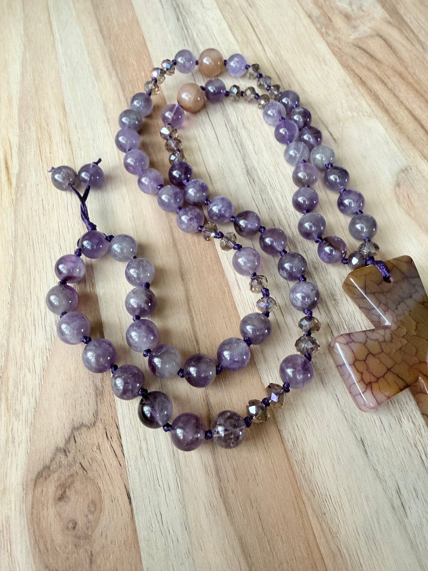26 Inch Agate Cross Beaded Necklace with Purple Amethyst Beads