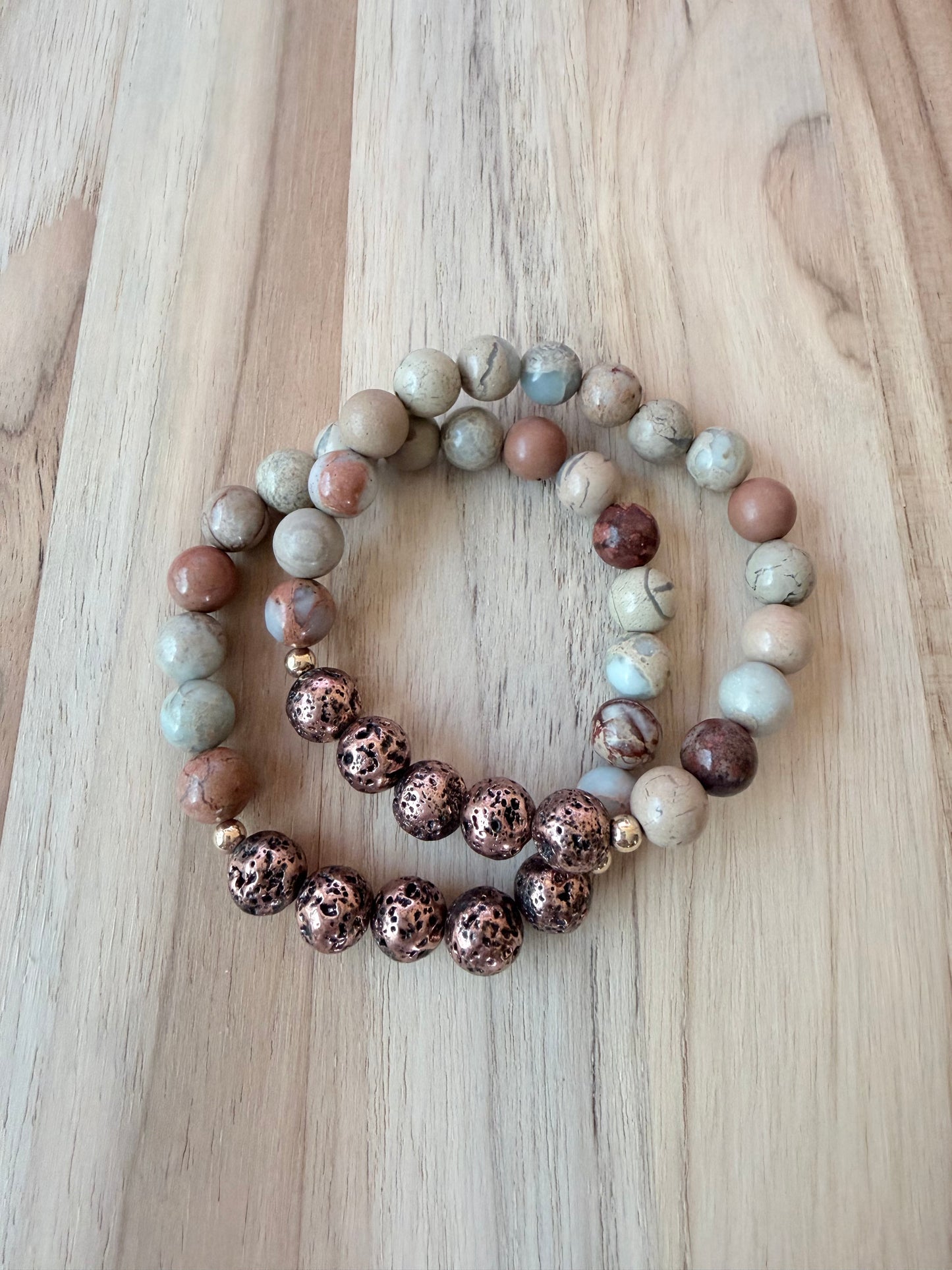 Shoushan Stone Stretch Bracelet with Copper Coated Lava Stone ~ 6.5” in size