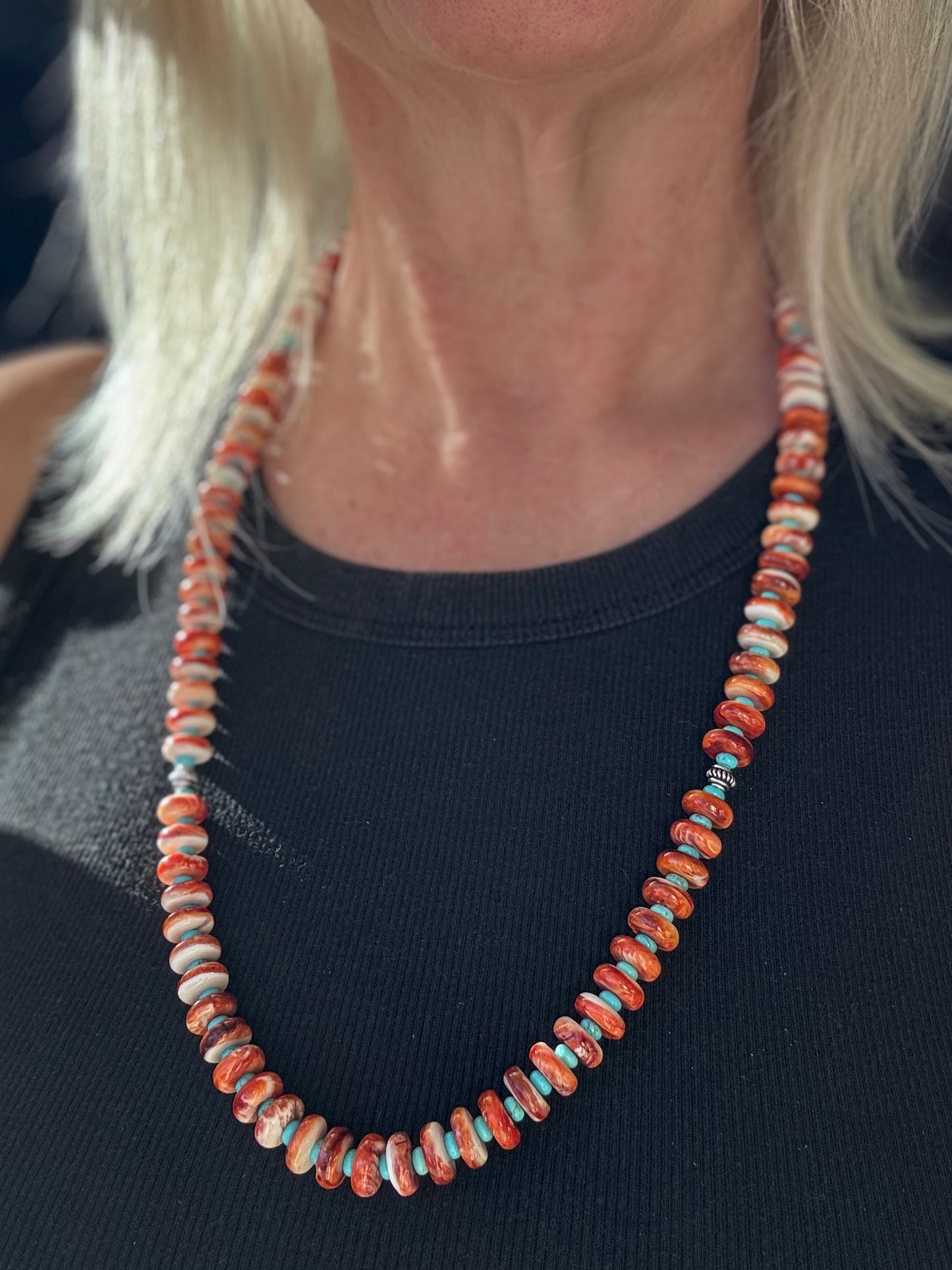 26 Inch Orange Spiny Oyster, Nevada Turquoise and Sterling Silver Beaded Necklace