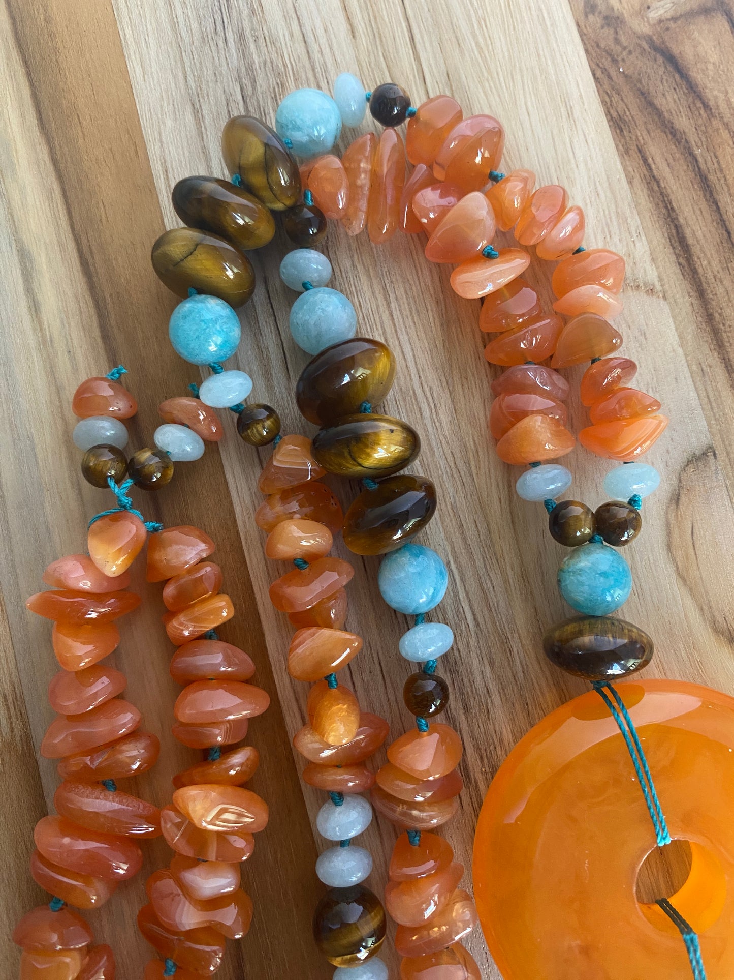 28" Long Orange Donut Beaded Necklace with Agate, Quartz & Tiger Eye Beads