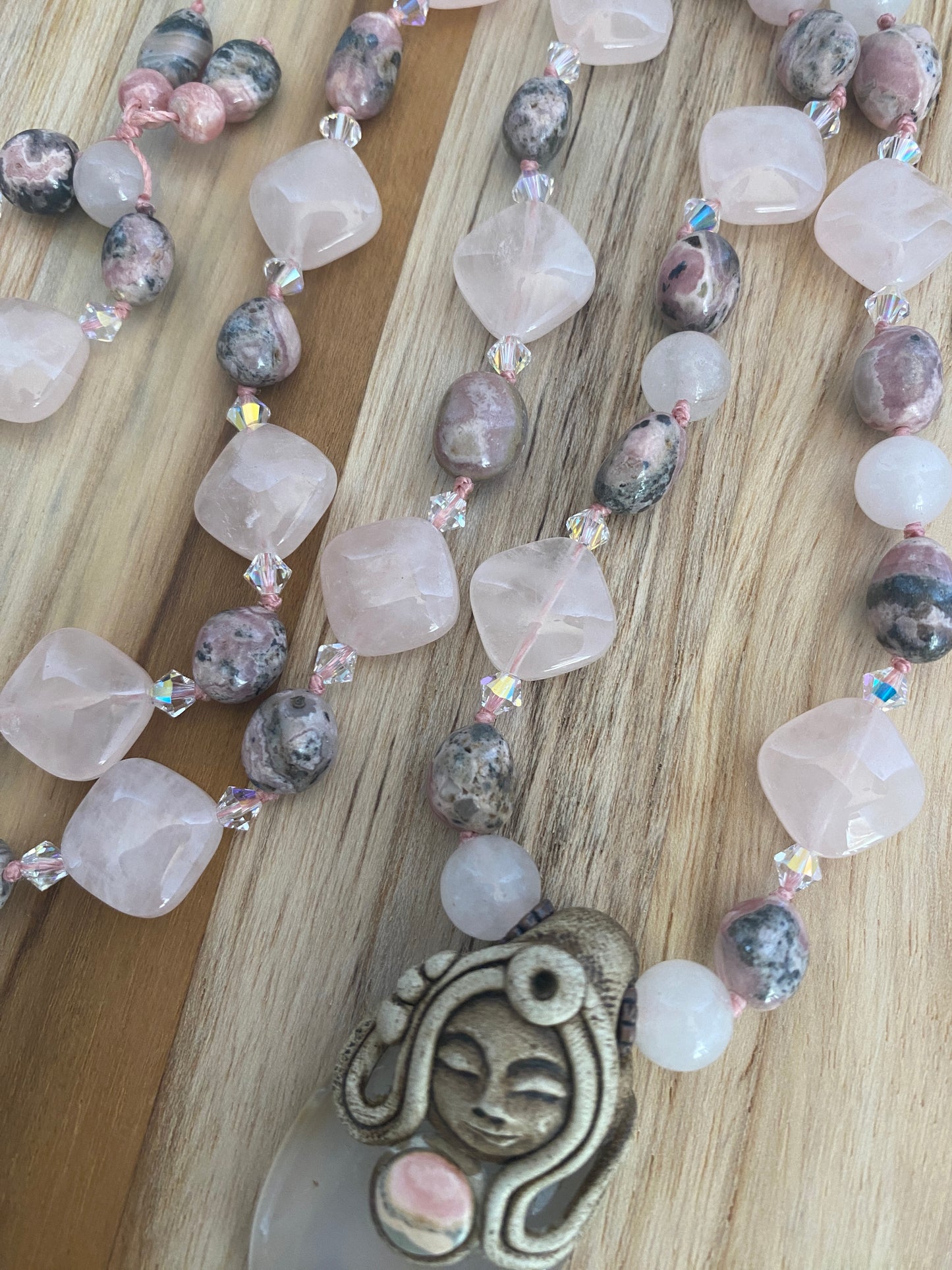 28" Long Polymer Clay Pendant Necklace with Rose Quartz, Rhodonite & Swarovski Crystal Beads