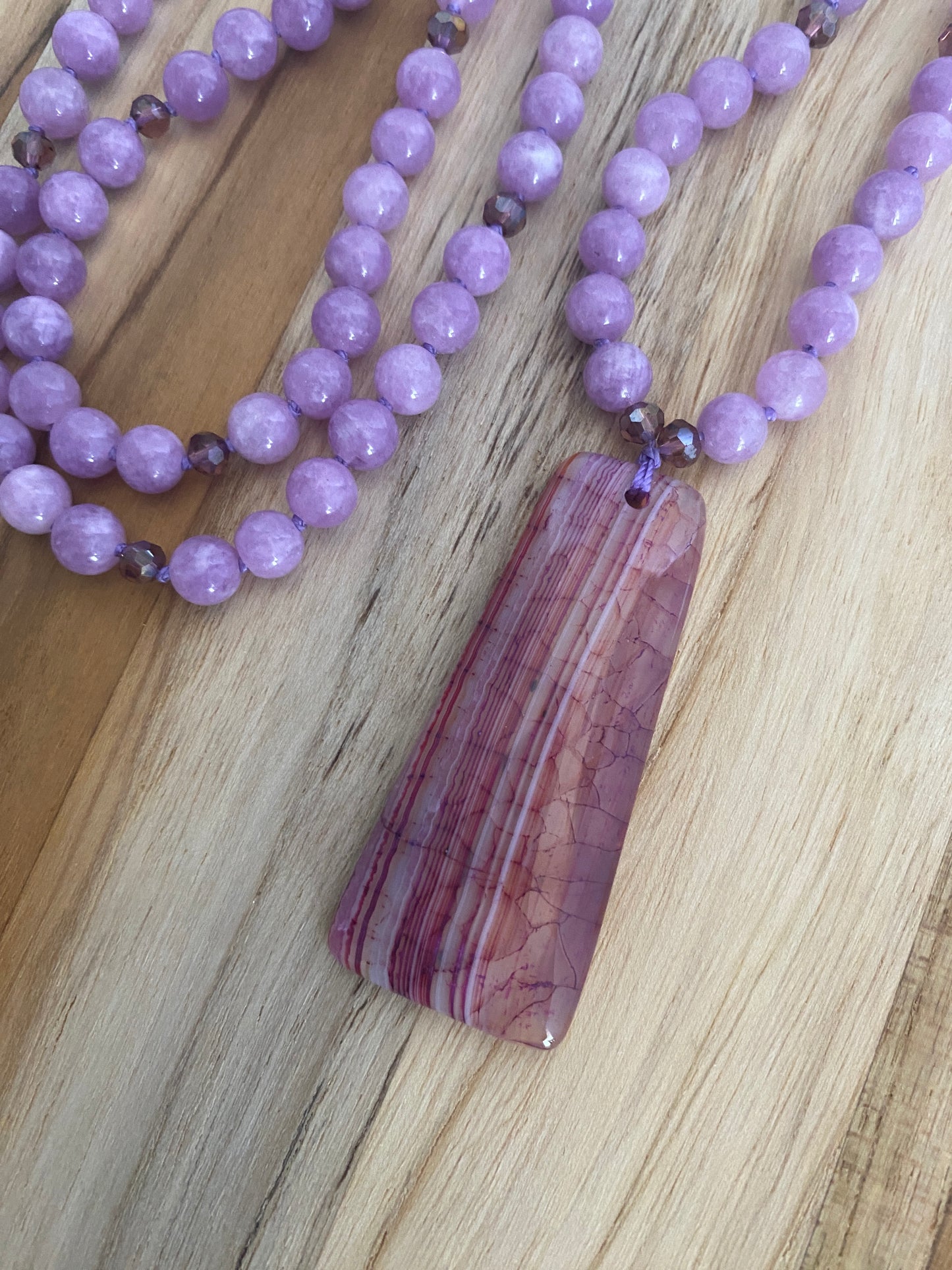 28" Long Hand Knotted Agate & Jade Pendant Necklace with Crystal Beads