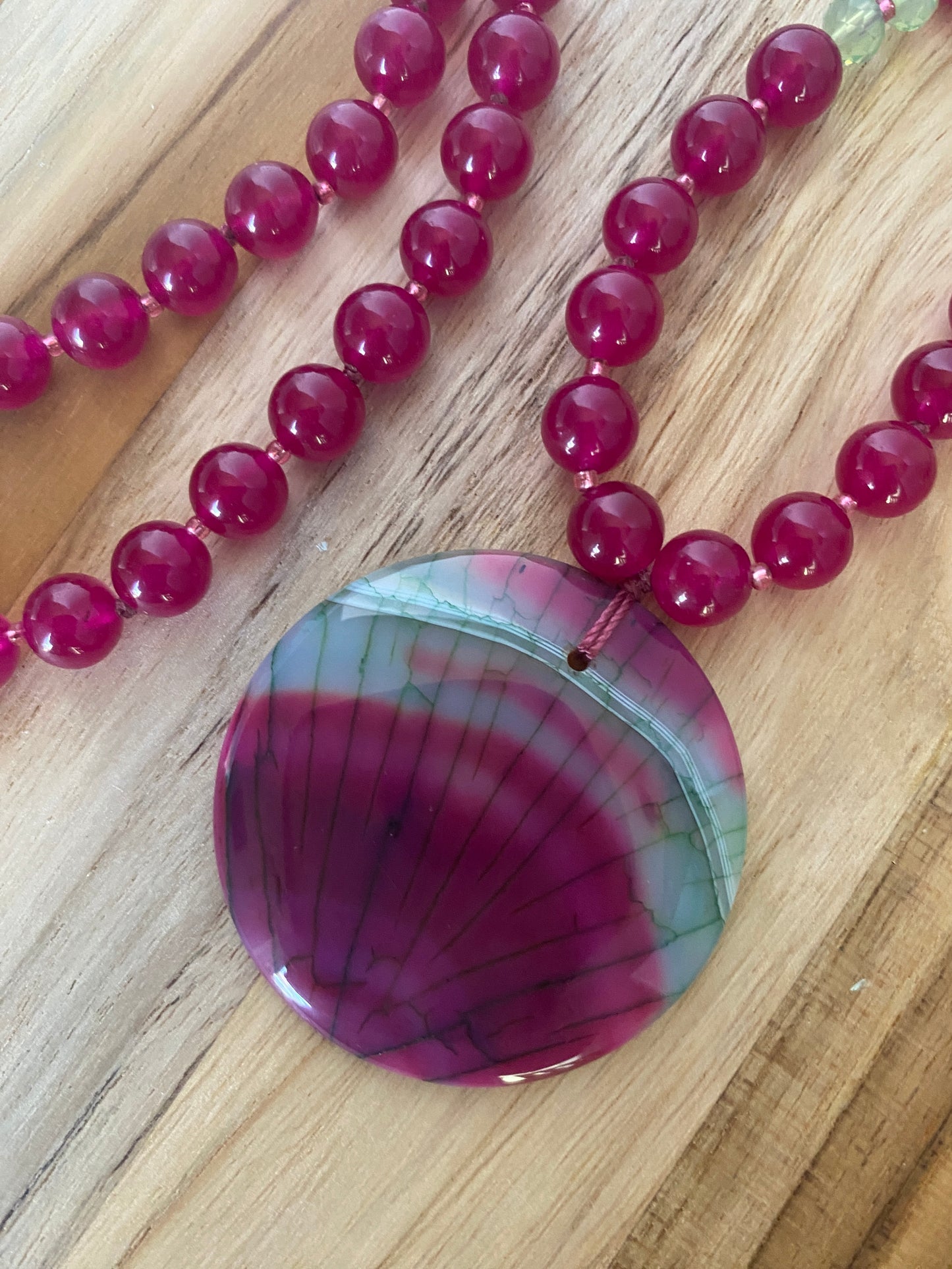 28" Long Rose & Green Agate Pendant Necklace with Rose Jade and Crystal Beads
