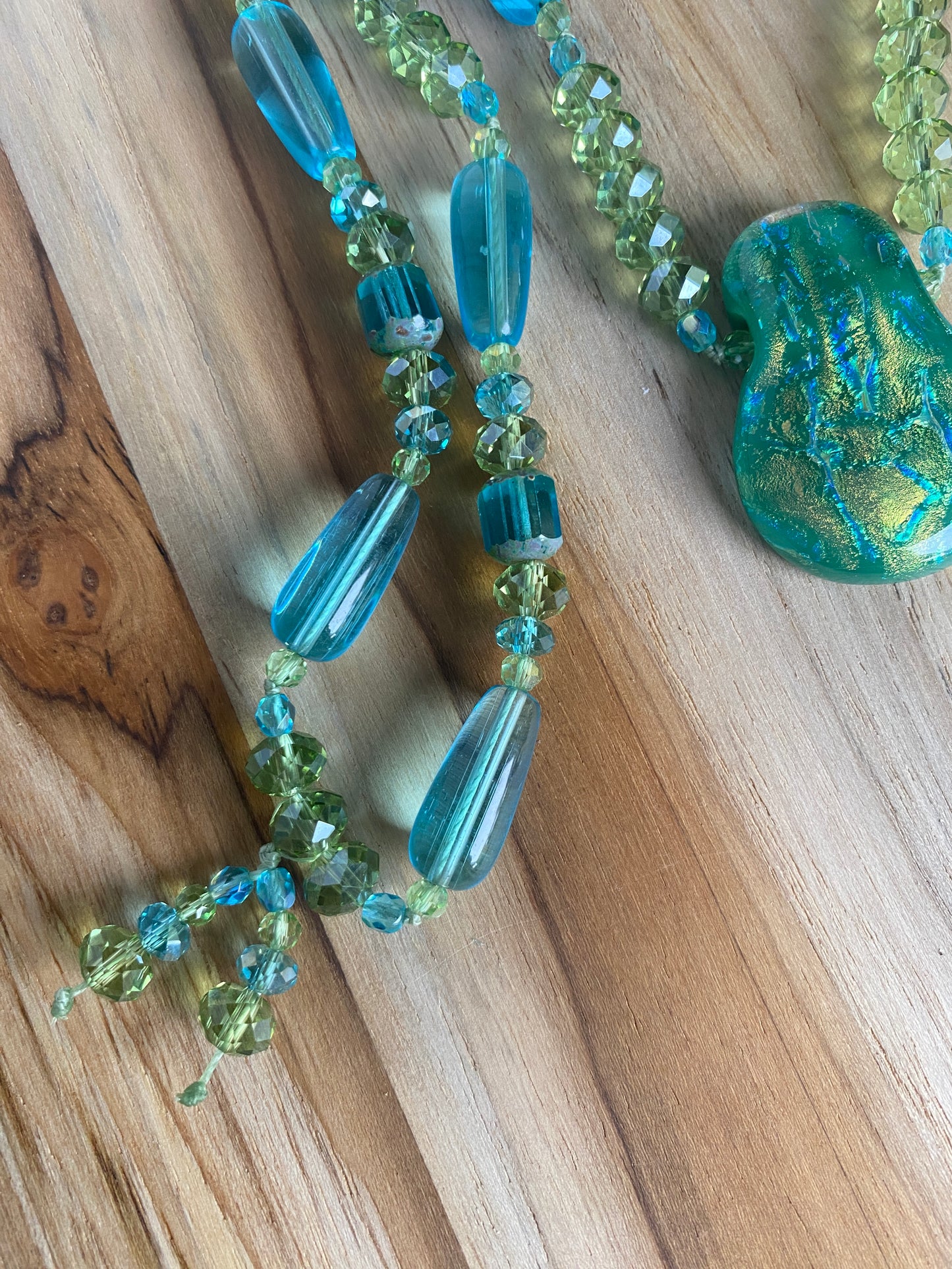 28" Long Aqua Dichroic Pendant Beaded Necklace with Glass & Crystal Beads
