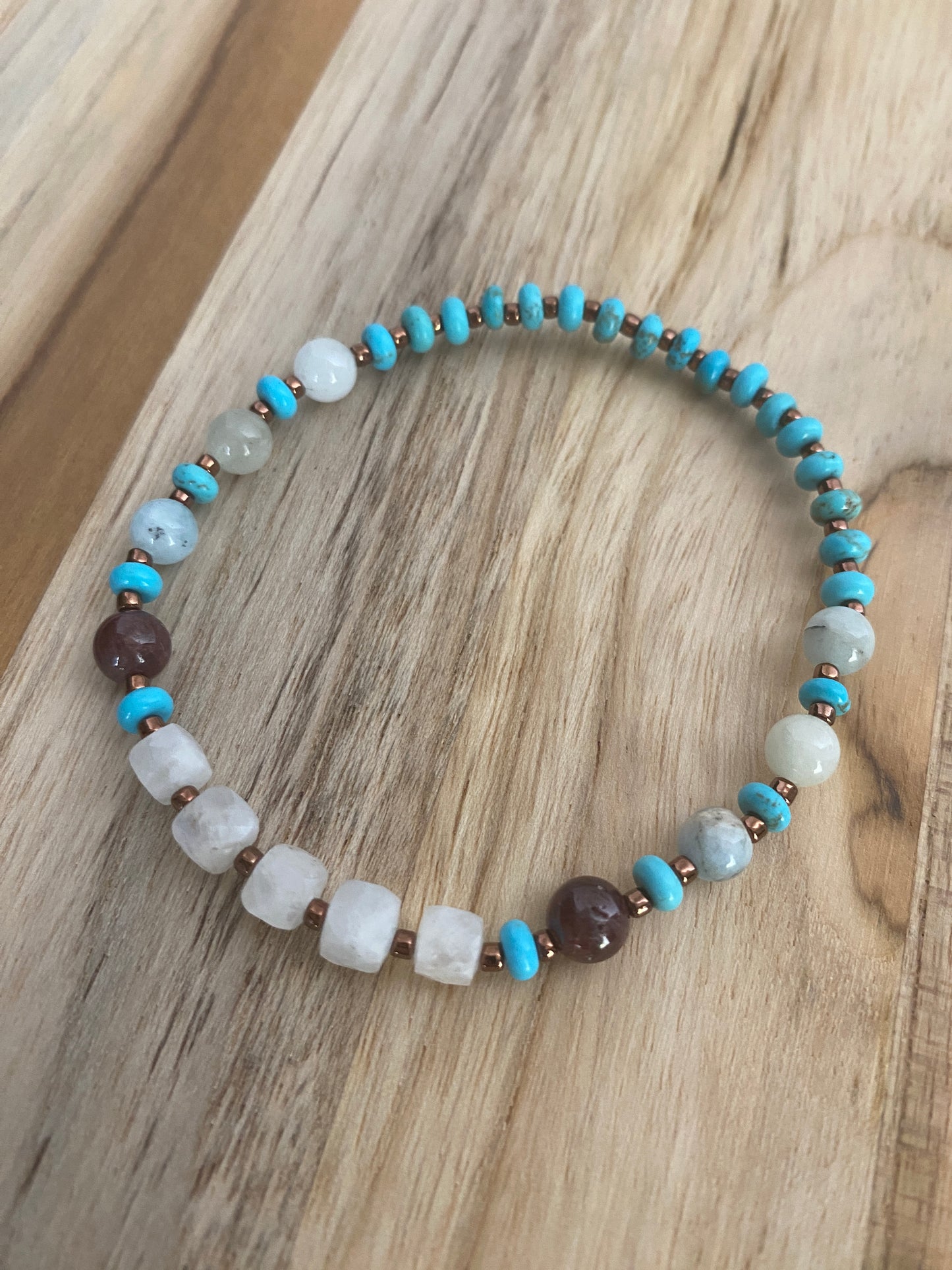 Multi Gemstone Stretch Bracelet with Moonstone Garnet Turquoise and Aquamarine