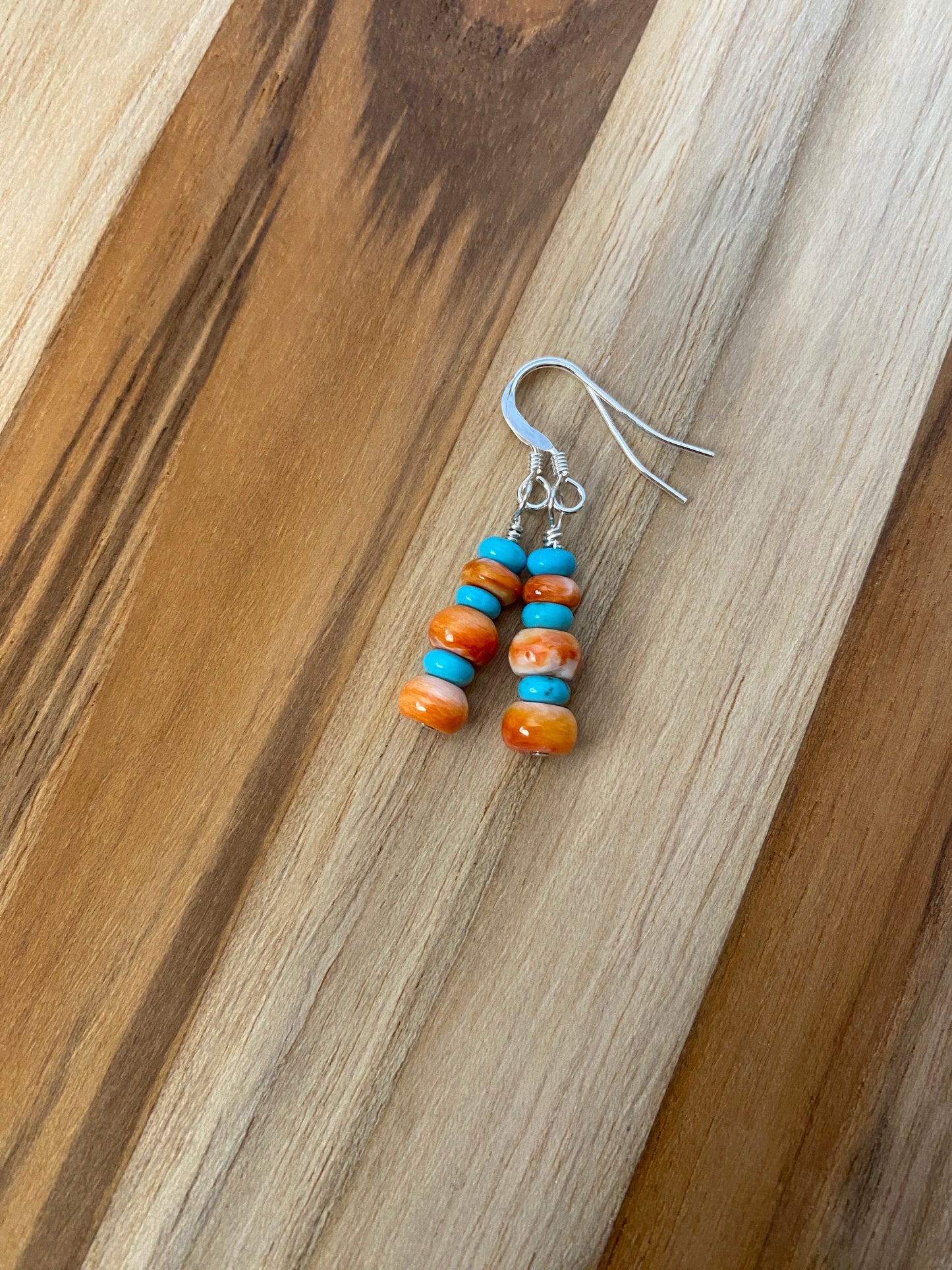 Dainty Natural Turquoise and Spiny Oyster Dangle Earrings