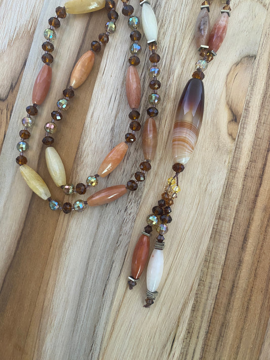 29" Long Agate Column Bead Dangle Necklace with Agate & Crystal Beads