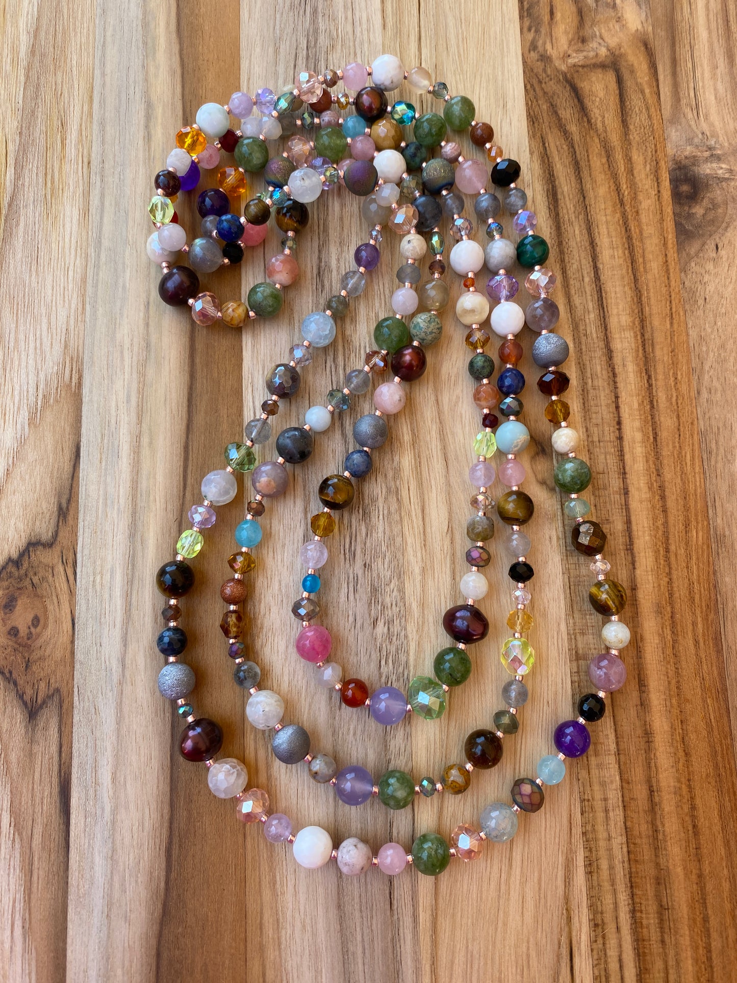 Extra Long Multi Gemstone Beaded Necklace with Crystal and Glass Beads