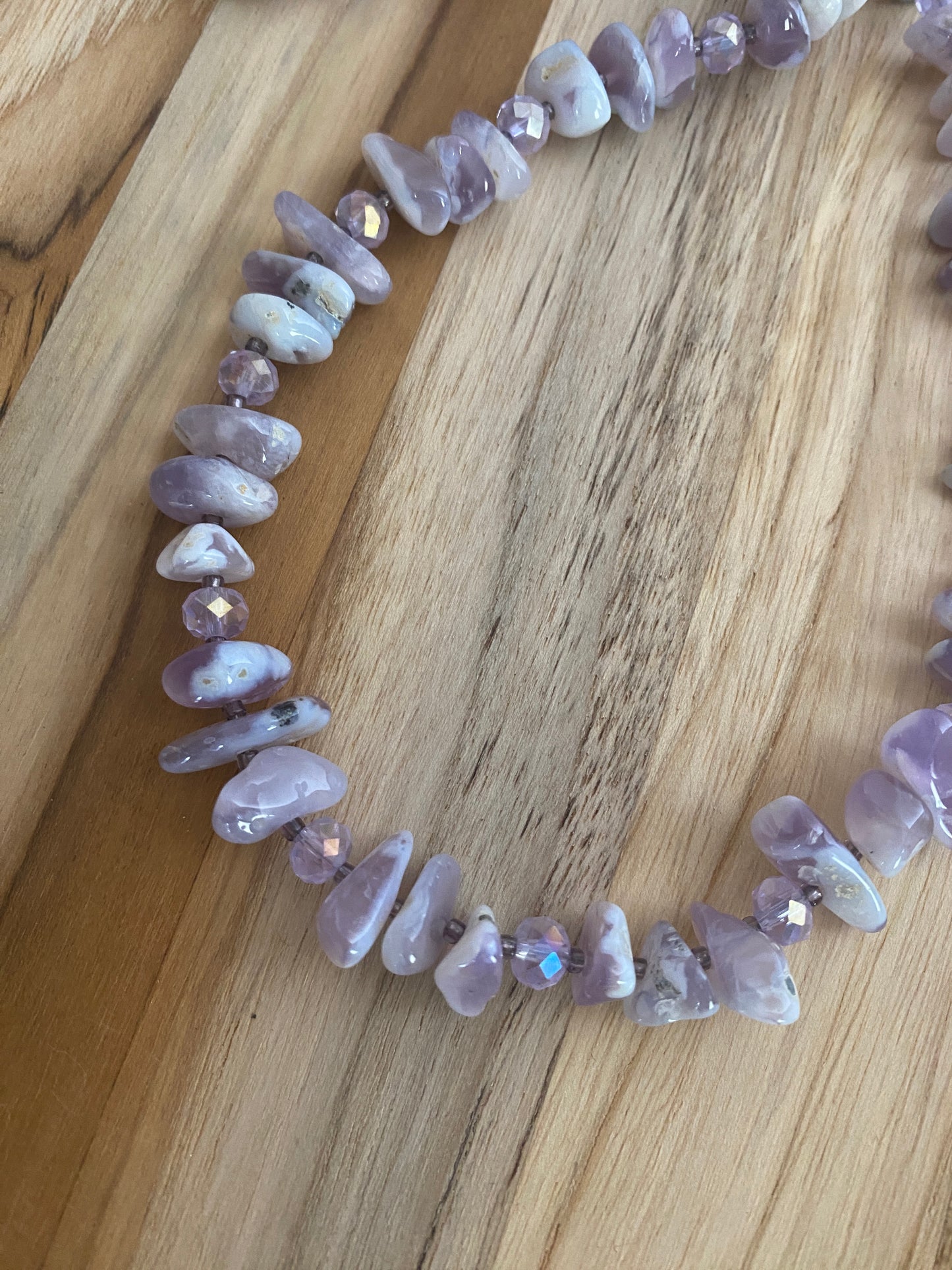 18" Long Beaded Lavender Chalcedony Chip Bead Necklace with Crystal Beads