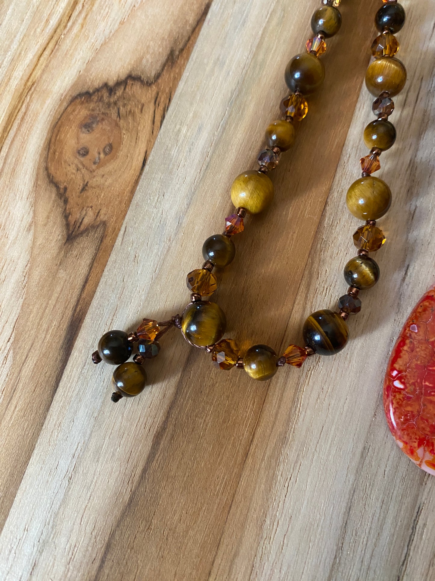 Long Dragon Vein Agate Pendant Necklace with Tiger Eye and Crystal Beads