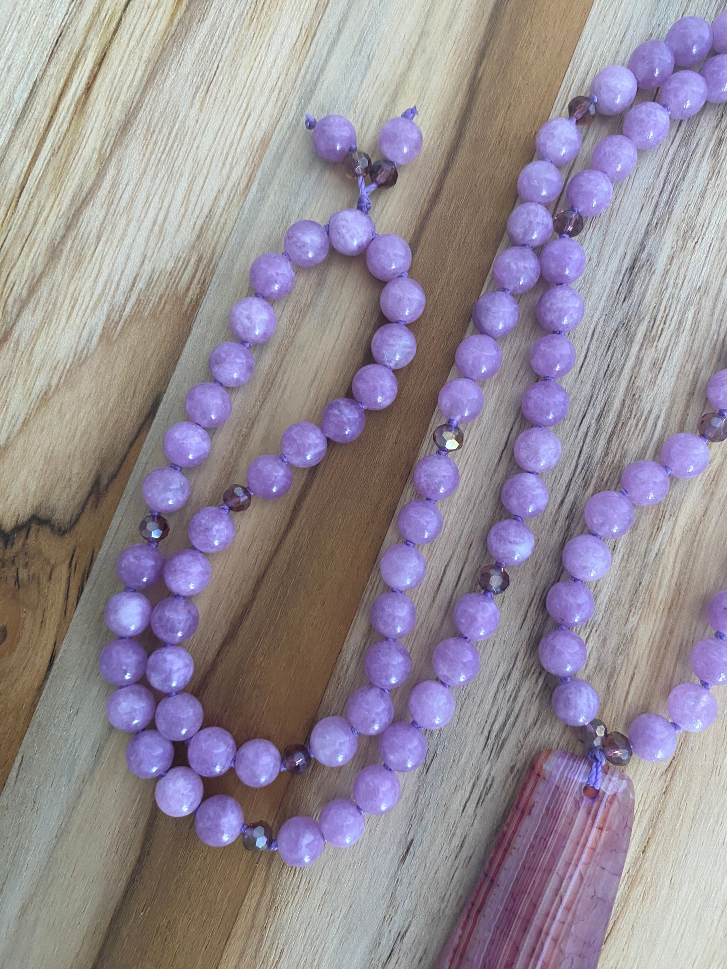 28" Long Hand Knotted Agate & Jade Pendant Necklace with Crystal Beads