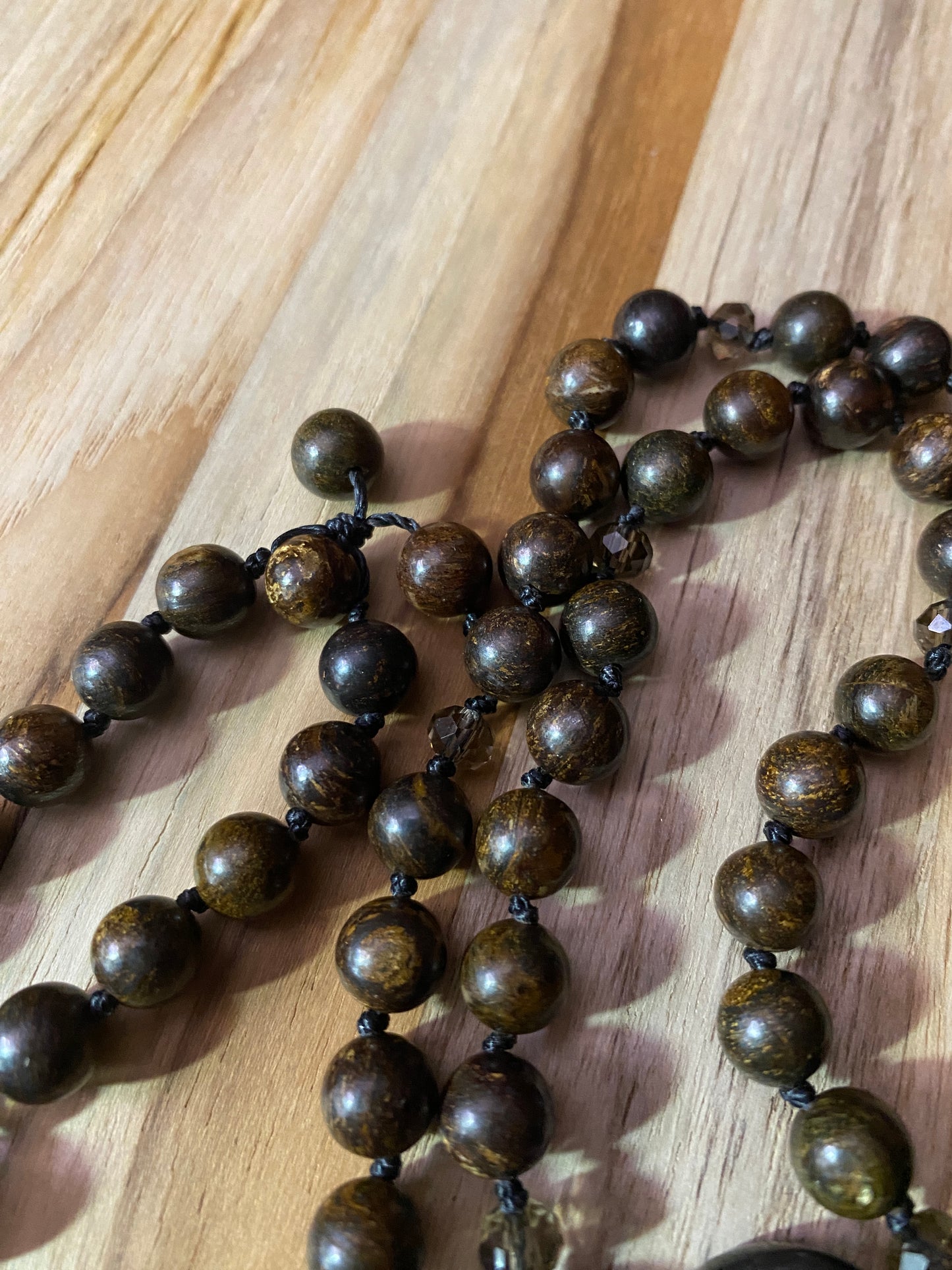 Long Tiger Iron Heart Necklace with Bronzite and Crystal Beads