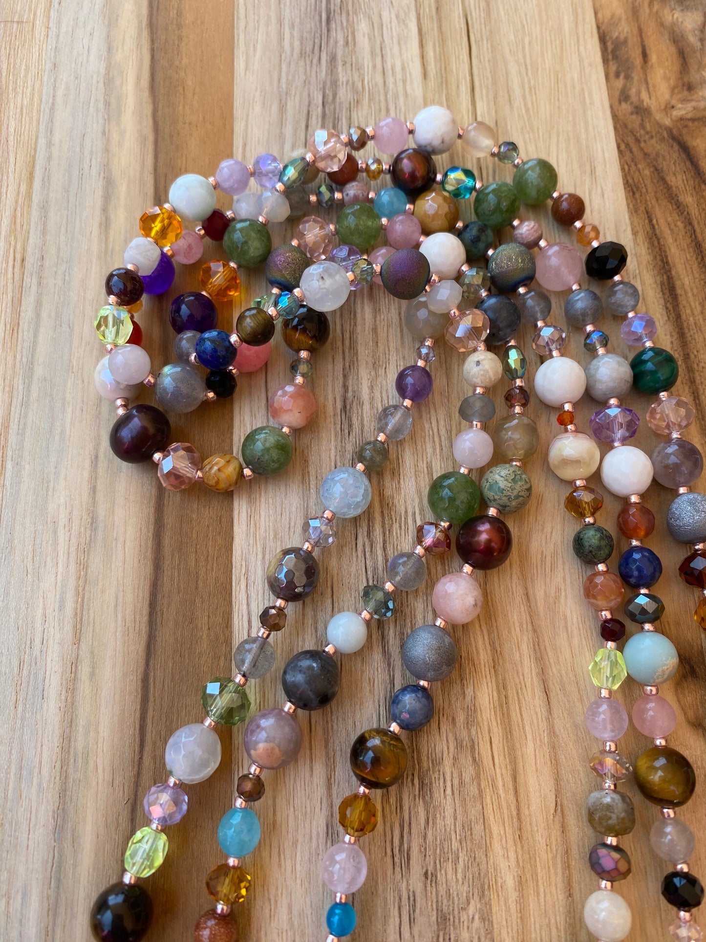 Extra Long Multi Gemstone Beaded Necklace with Crystal and Glass Beads