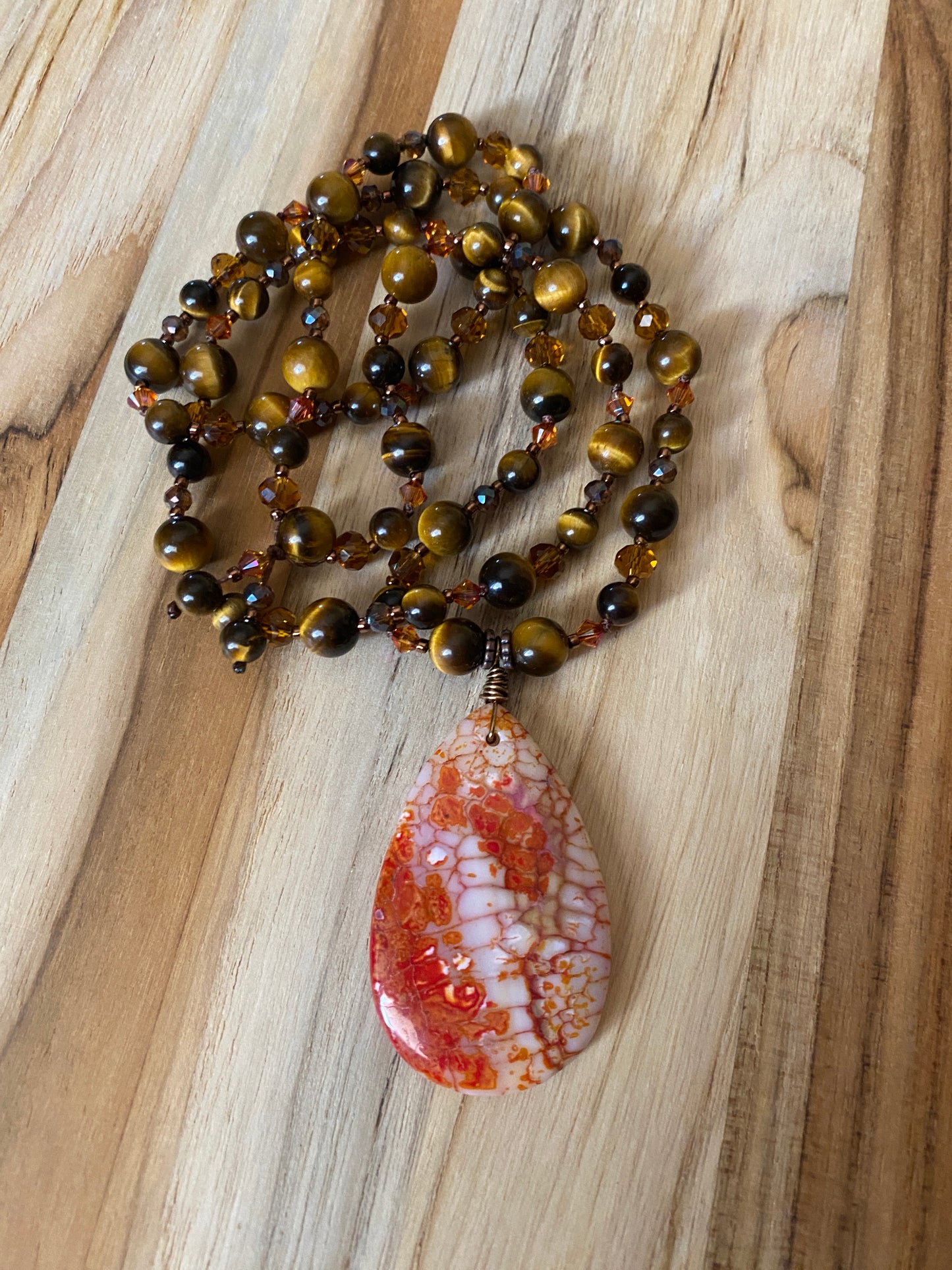 Long Dragon Vein Agate Pendant Necklace with Tiger Eye and Crystal Beads