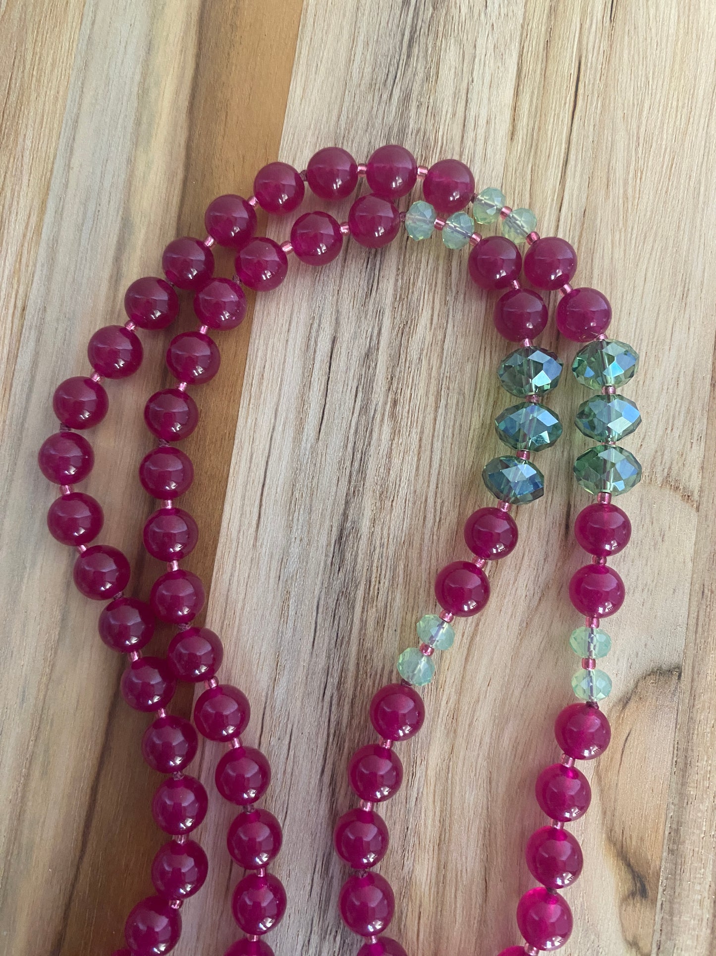 28" Long Rose & Green Agate Pendant Necklace with Rose Jade and Crystal Beads