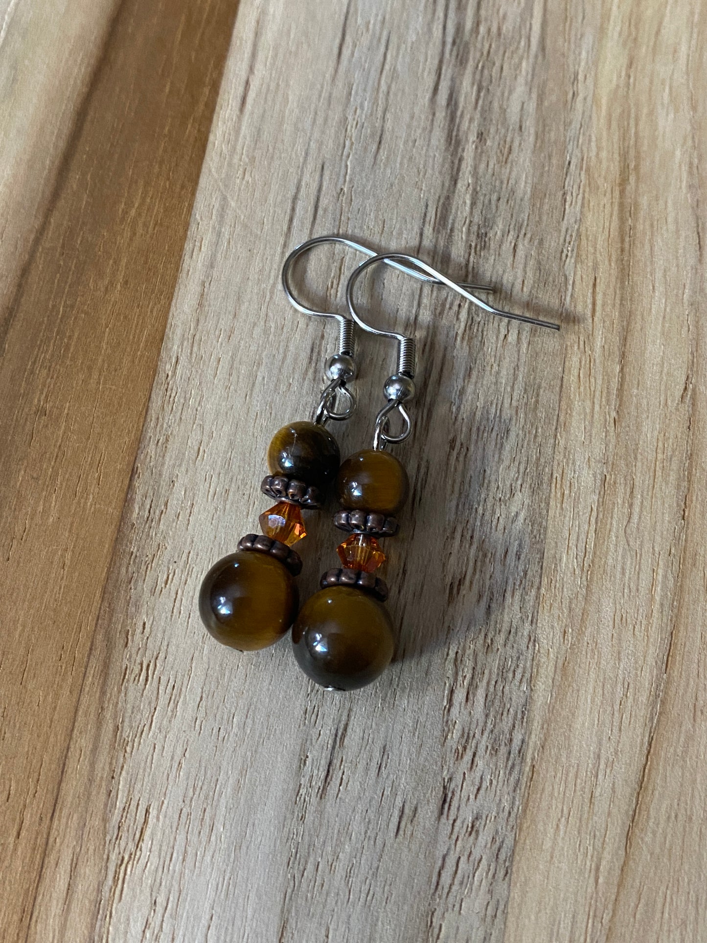 Tiger Eye and Orange Crystal Dangle Earrings with Antique Copper