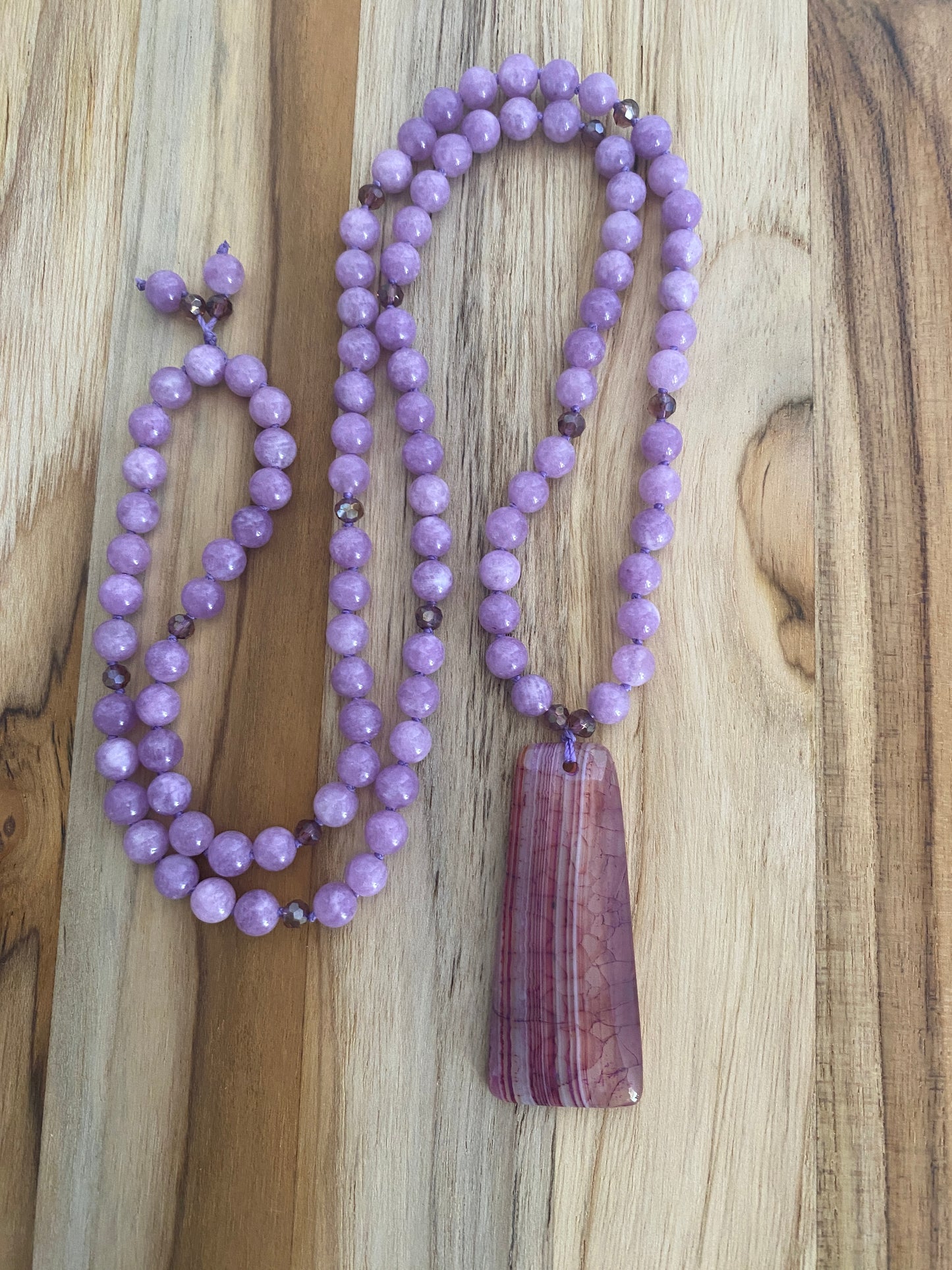 28" Long Hand Knotted Agate & Jade Pendant Necklace with Crystal Beads