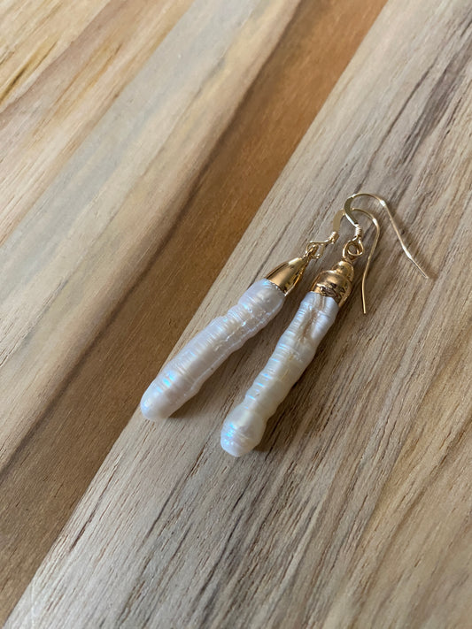 Long White Stick Pearl Dangle Earrings with Gold Filled Ear Wire - My Urban Gems