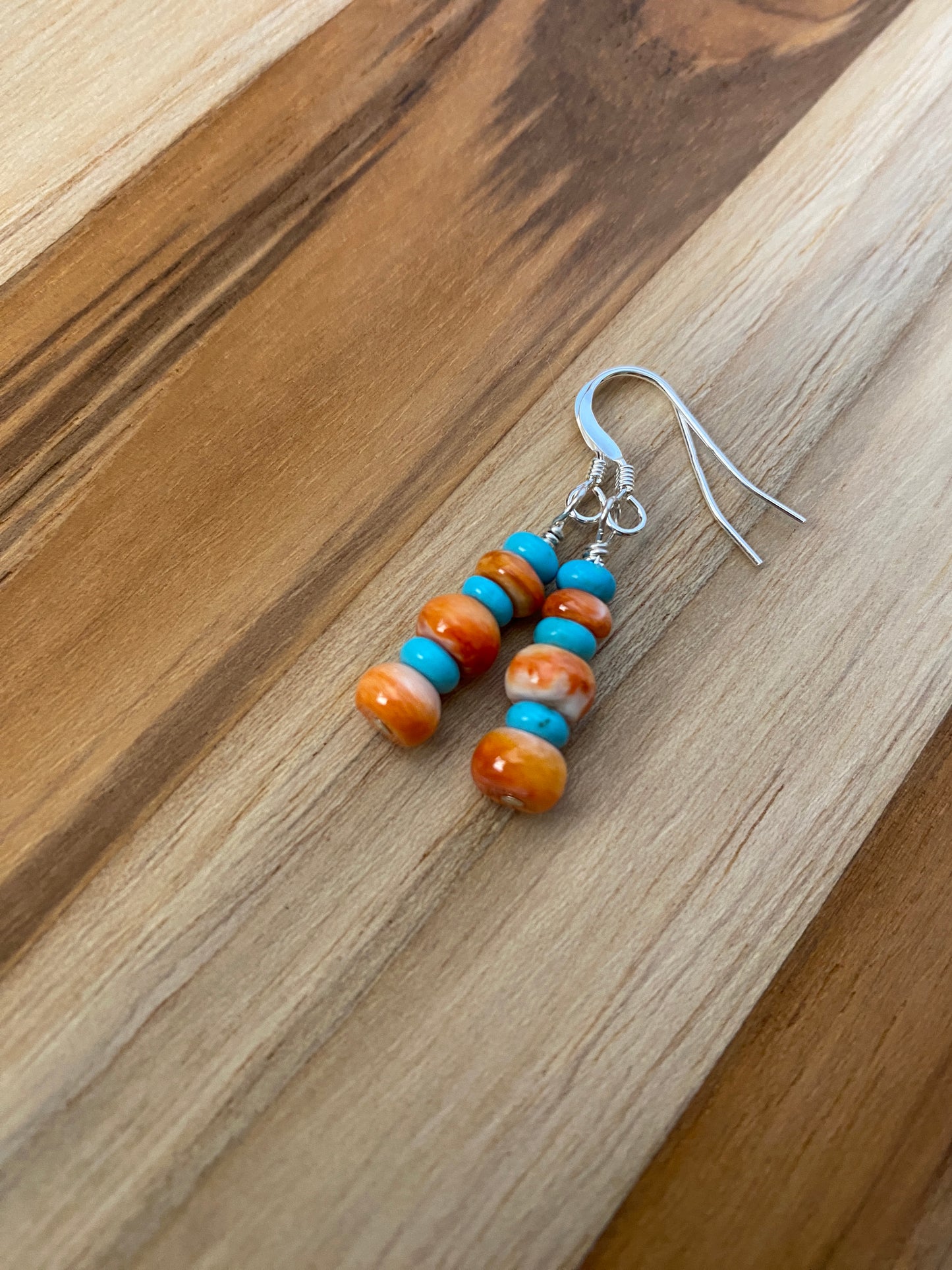 Dainty Natural Turquoise and Spiny Oyster Dangle Earrings
