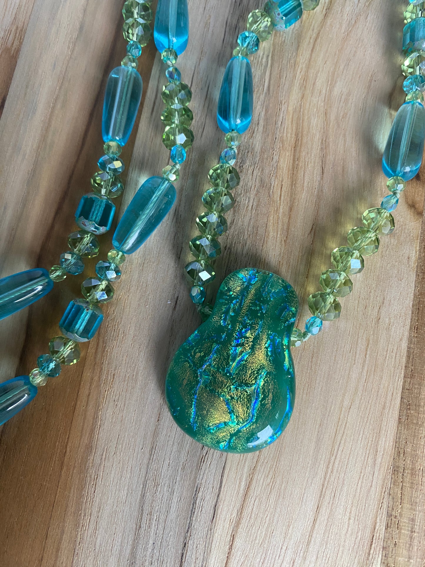 28" Long Aqua Dichroic Pendant Beaded Necklace with Glass & Crystal Beads