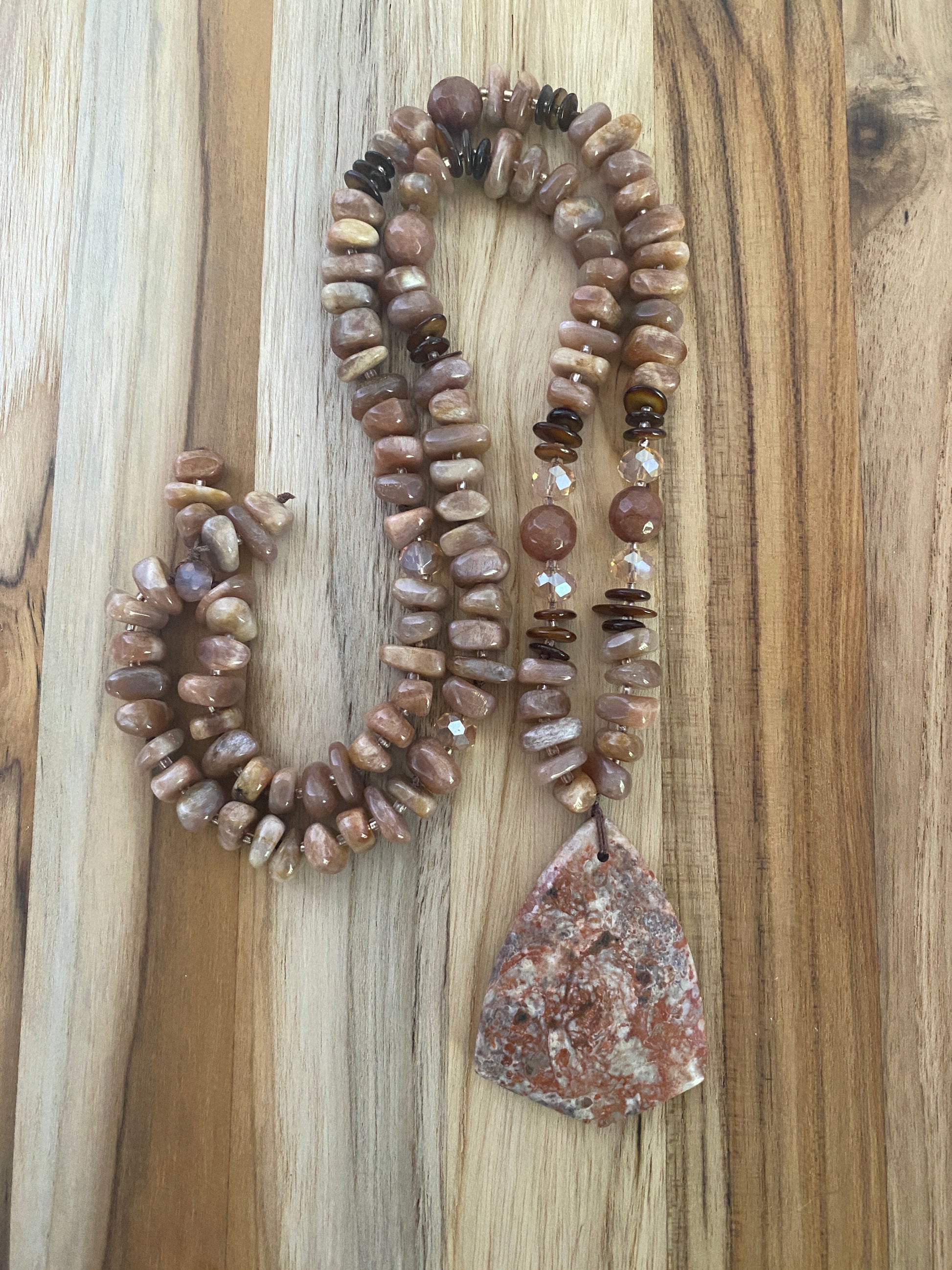 28" Long Ayaka Agate Beaded Pendant Necklace with Sunstone, Shell & Agate Beads - My Urban Gems