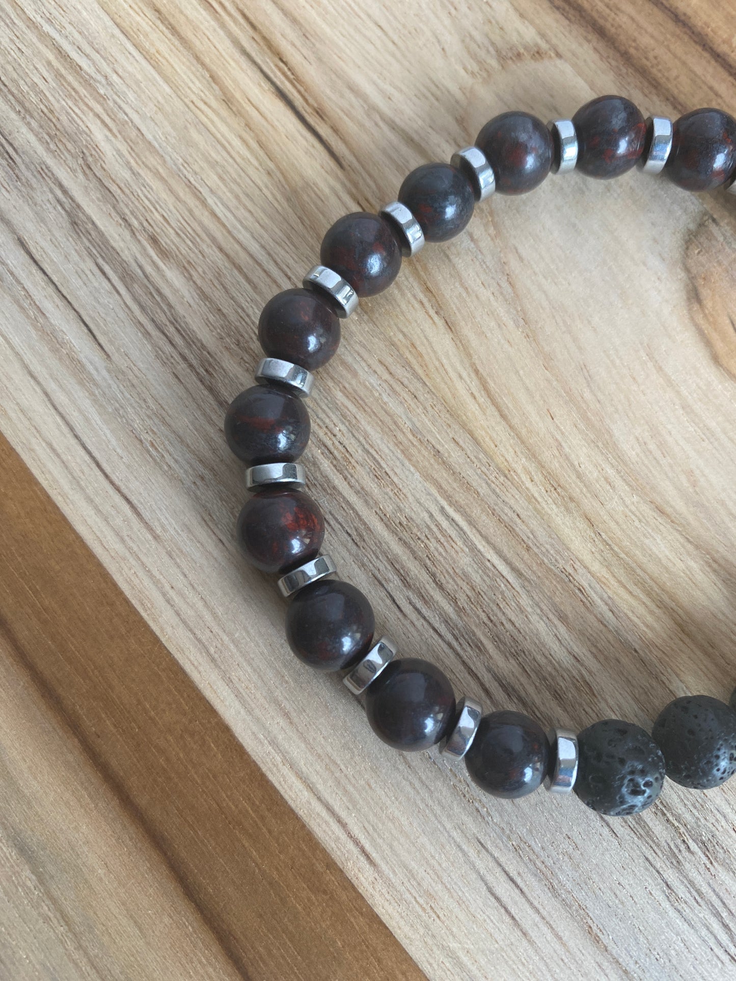 Unisex Dark Saffron Jasper Beaded Stretch Bracelet with Hematite Beads