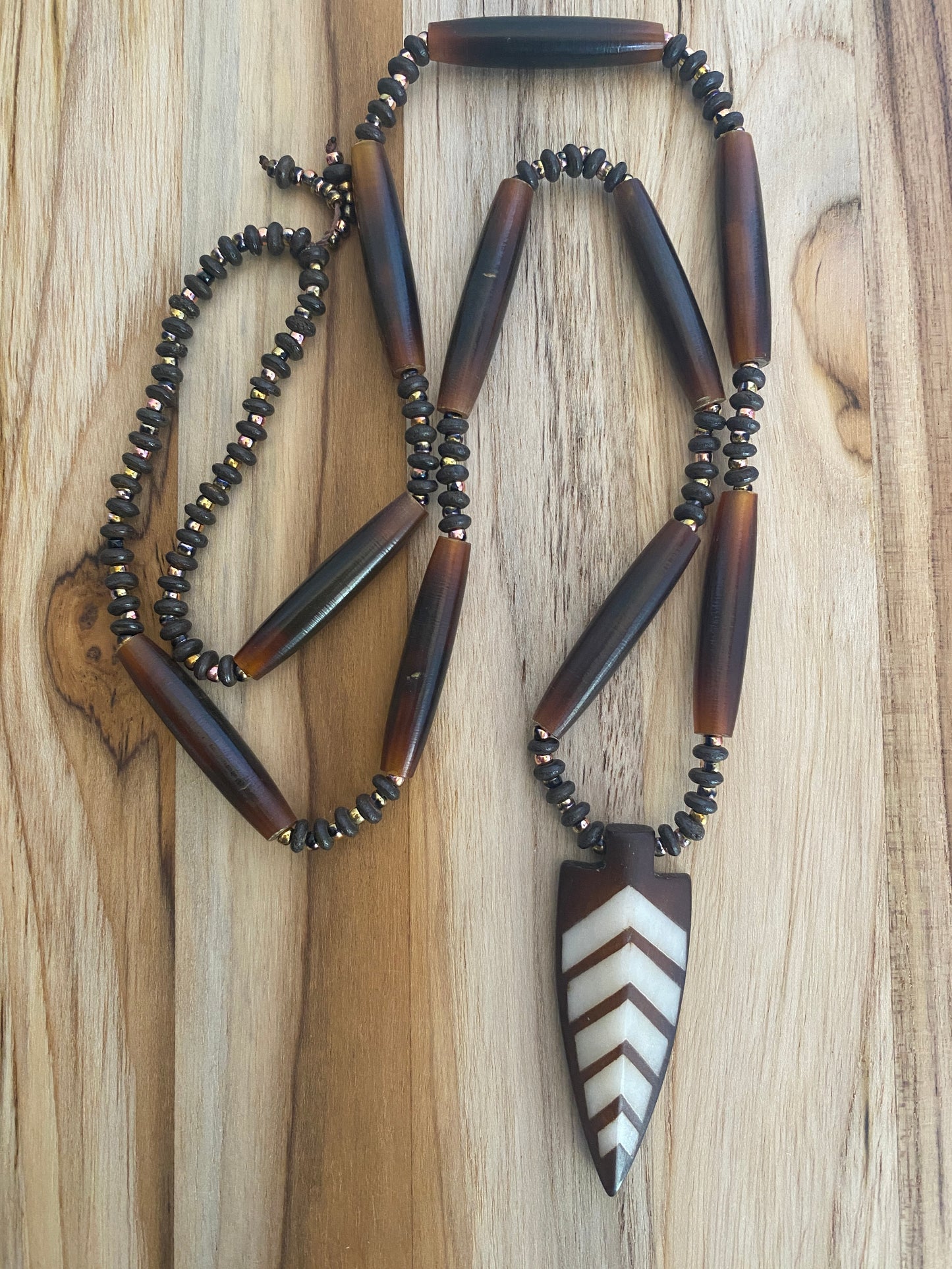30" Long Unisex Native Inspired Arrowhead Pendant Necklace with Hairpipe, Horn & Seed Beads