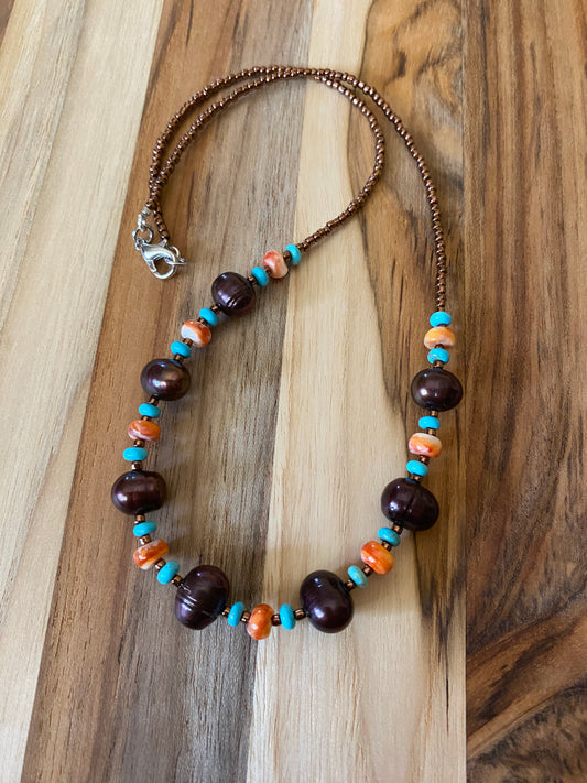 Chocolate Pearl with Orange Spiny Oyster and Natural Blue Turquoise