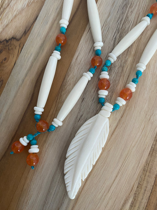 30" Long Native Inspired Pendant Necklace with Orange and Turquoise Beads
