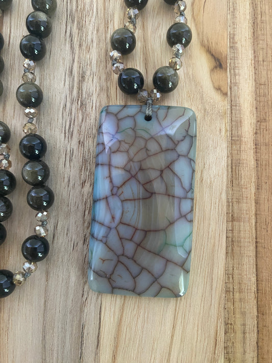 30" Long Beaded Dragon Vein Agate Pendant Necklace with Rainbow Obsidian & Crystal Beads