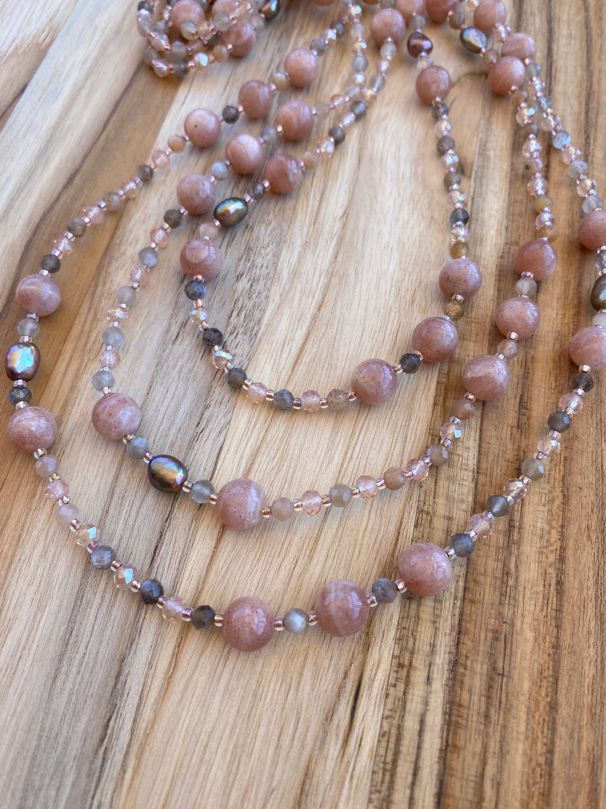 60" Extra Long Beaded Sunstone and Multi Colored Moonstone Necklace with Crystal Beads - My Urban Gems